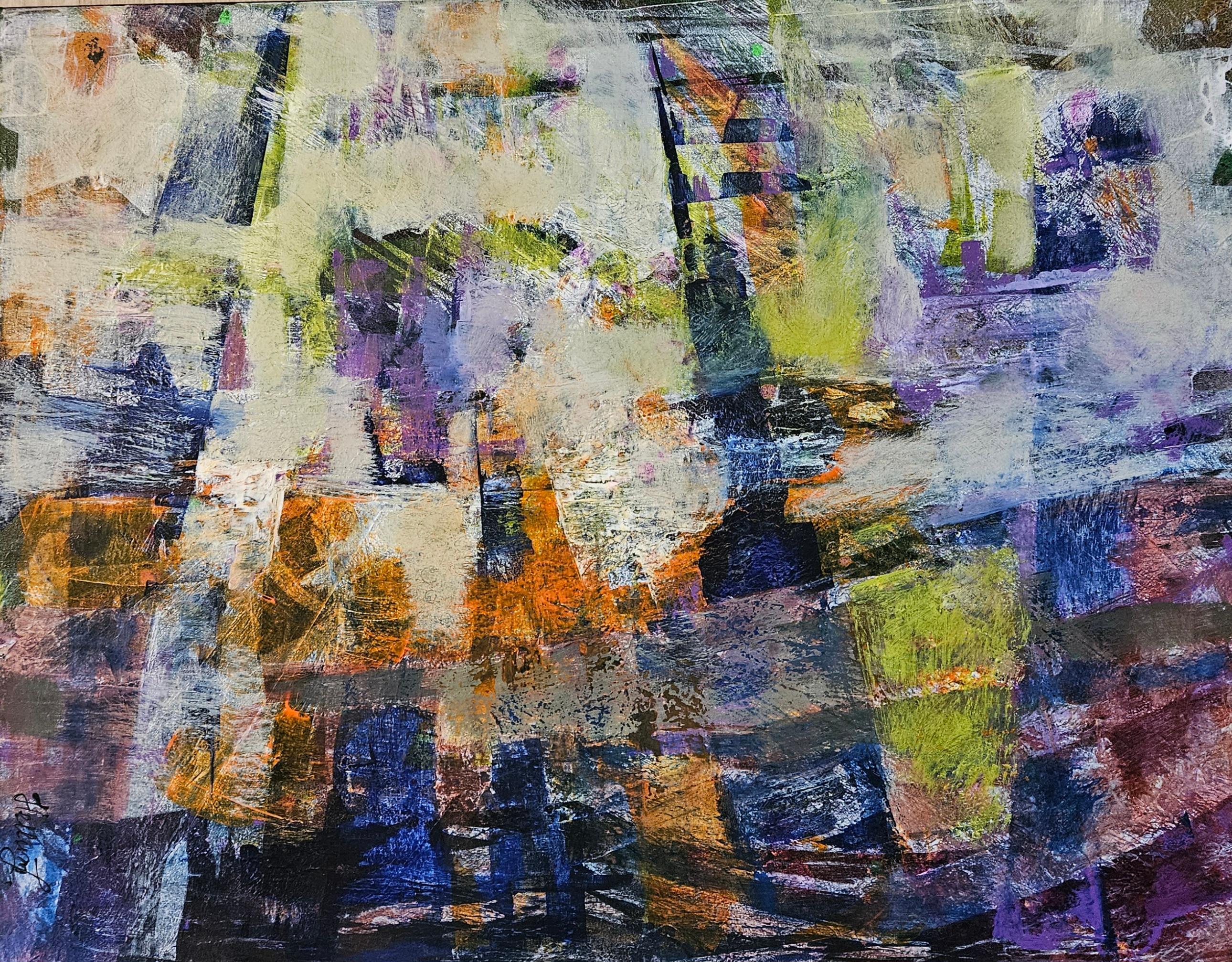 A spontaneous meeting of colors and forms — A Chance Encounter captures the fleeting moment when two movements cross and create something unexpected. Layers of ochre, violet, and indigo intertwine with soft touches of green and lavender, revealing