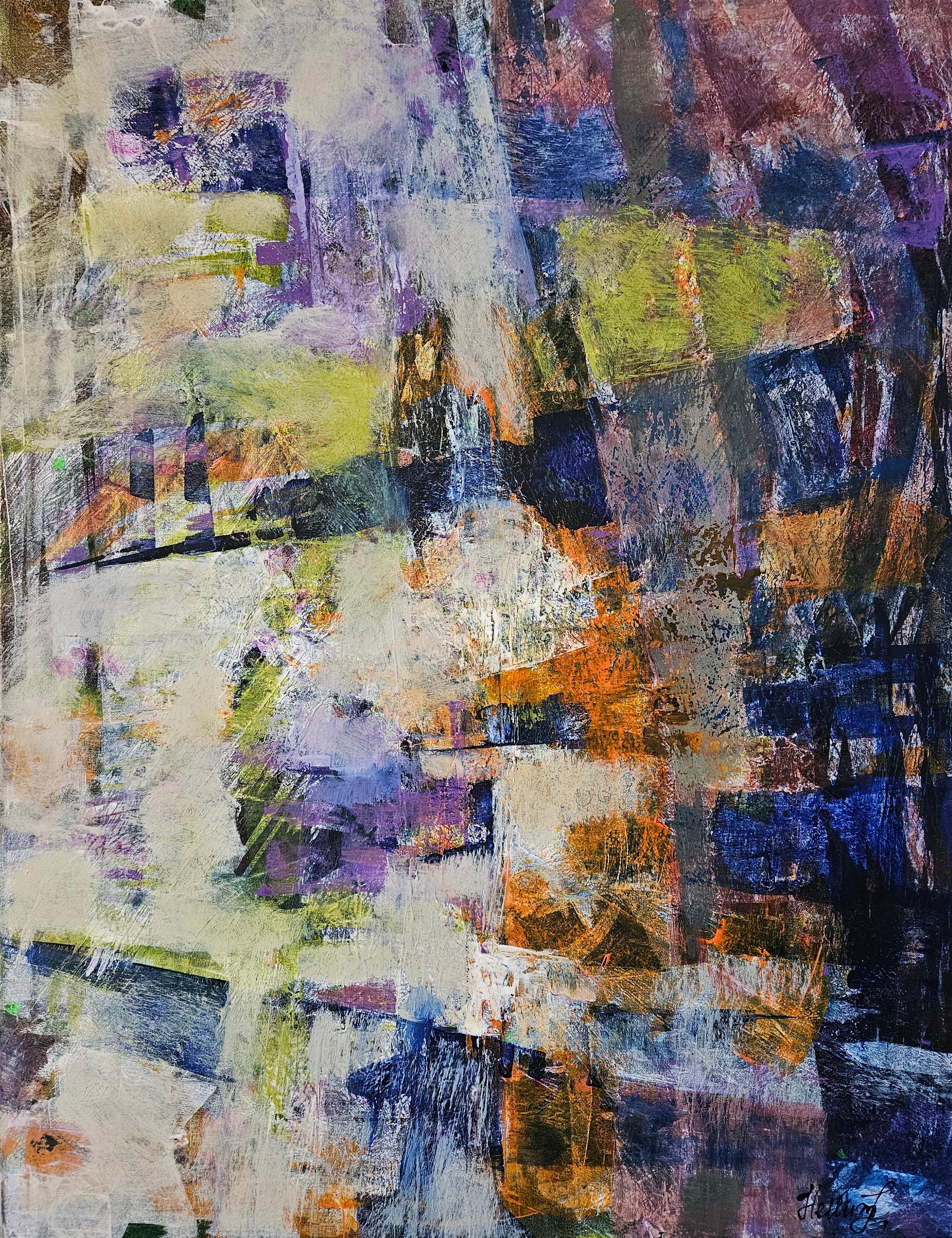 A Chance Encounter. Large abstract painting, violet, ochre, lilac, expressionism