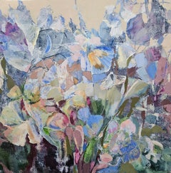 Anita’s Garden. Medium-sized abstract painting, floral, textured, soft blues