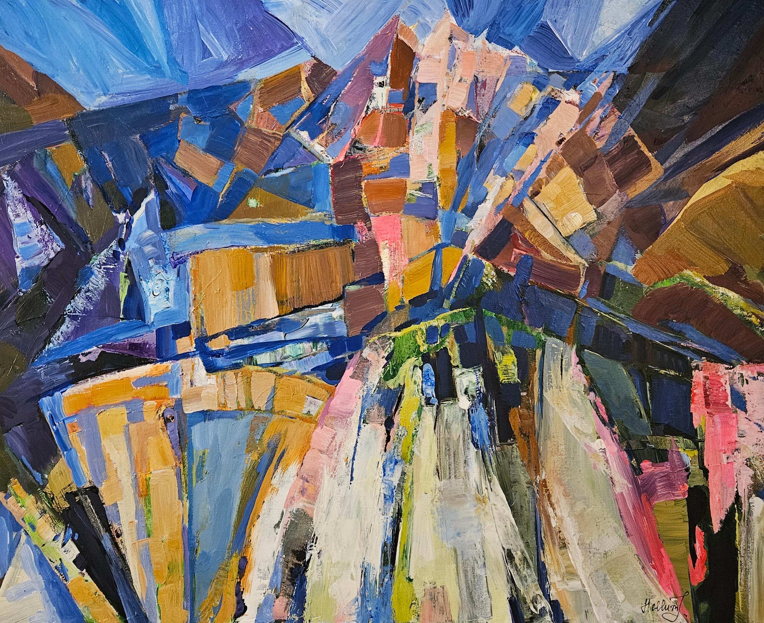 Tatiana Hellum Abstract Painting - At Dawn. Large, oversized, horizontal, abstract painting, brown, blue, dustyrose