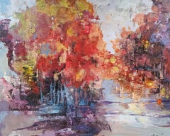 Passage d'automne. Grande peinture abstraite, tons ocres, cramoisi, ambre, violet