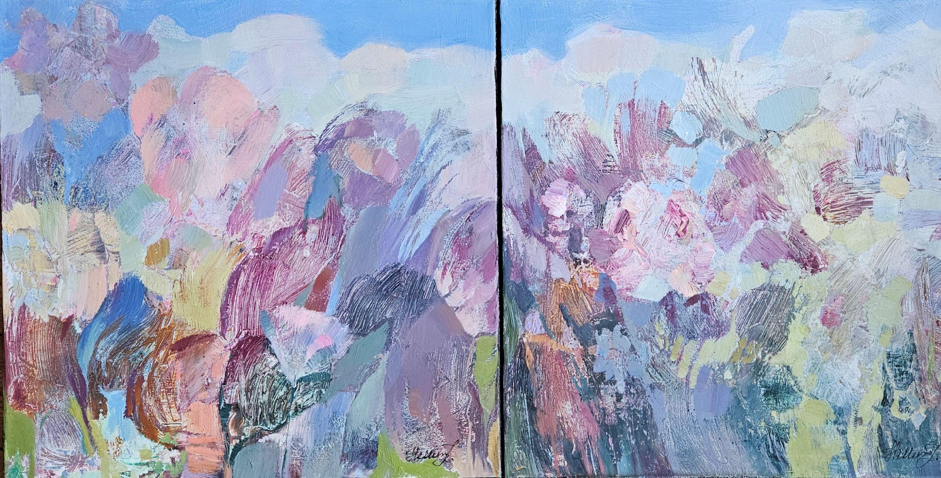 Tatiana Hellum Abstract Painting - Boundless Spring. Medium size abstract painting, floral, soft colors, dyptich