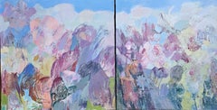 Boundless Spring. Medium size abstract painting, floral, soft colors, dyptich