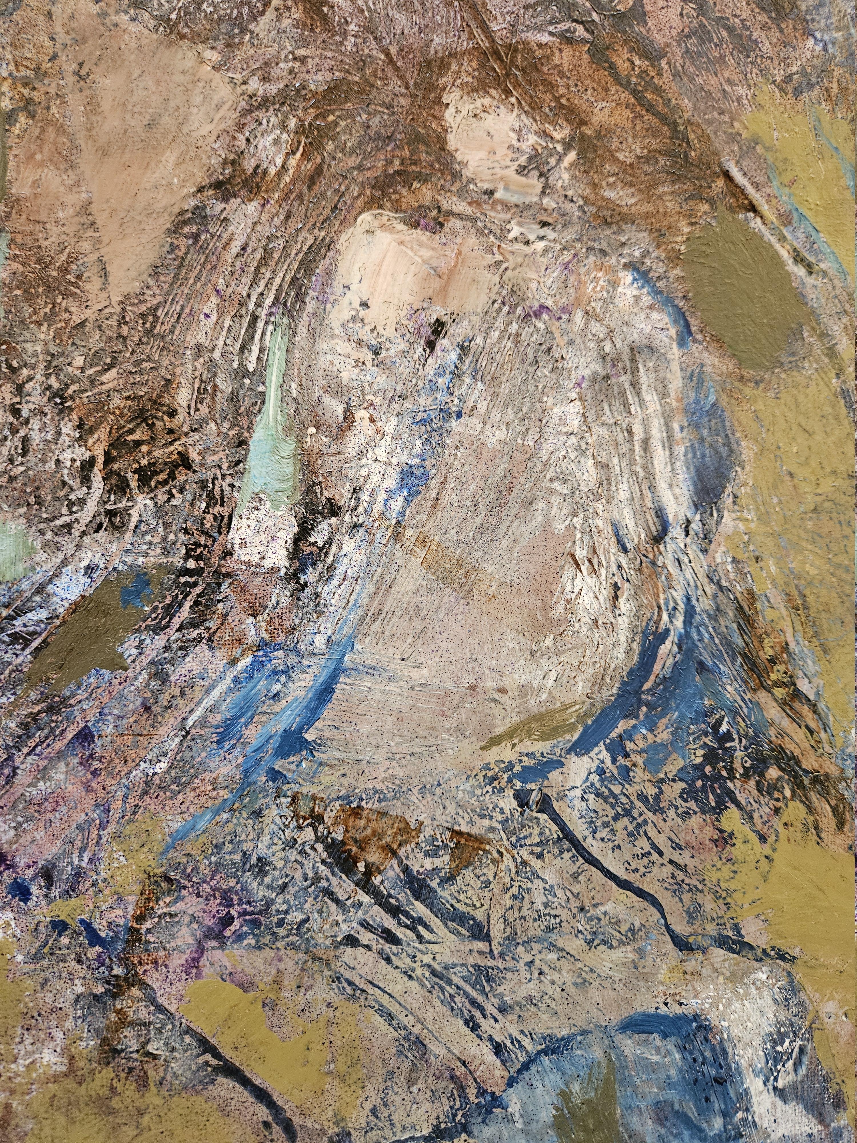 Dieses abstrakte Gemälde erforscht die stillen Spuren, die die Menschen und Momente, die uns prägen, hinterlassen. Weiche Schichten von Blautönen, Sandtönen und gedämpften Violetttönen überlagern sich wie sedimentierte Erinnerungen und schaffen eine