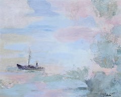 Floating Memories. Small abstract painting, blue, mint, grey, expressionism