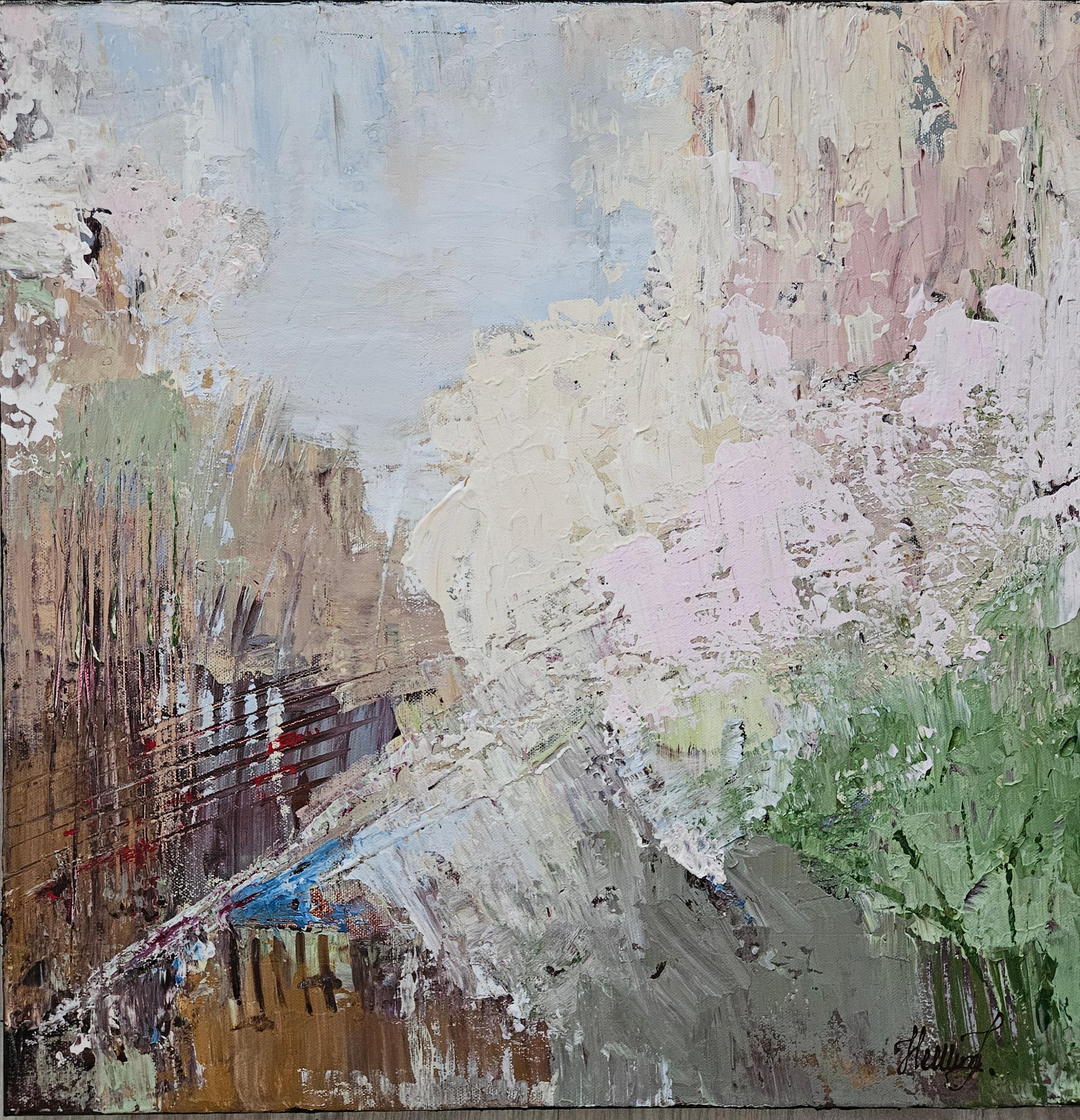 Le flux de la mémoire capture le mouvement tranquille du souvenir - comment les moments se dissolvent et se reforment comme l'eau qui se fraye un chemin à travers la pierre. Les couches de couleurs sourdes se fondent les unes dans les autres,