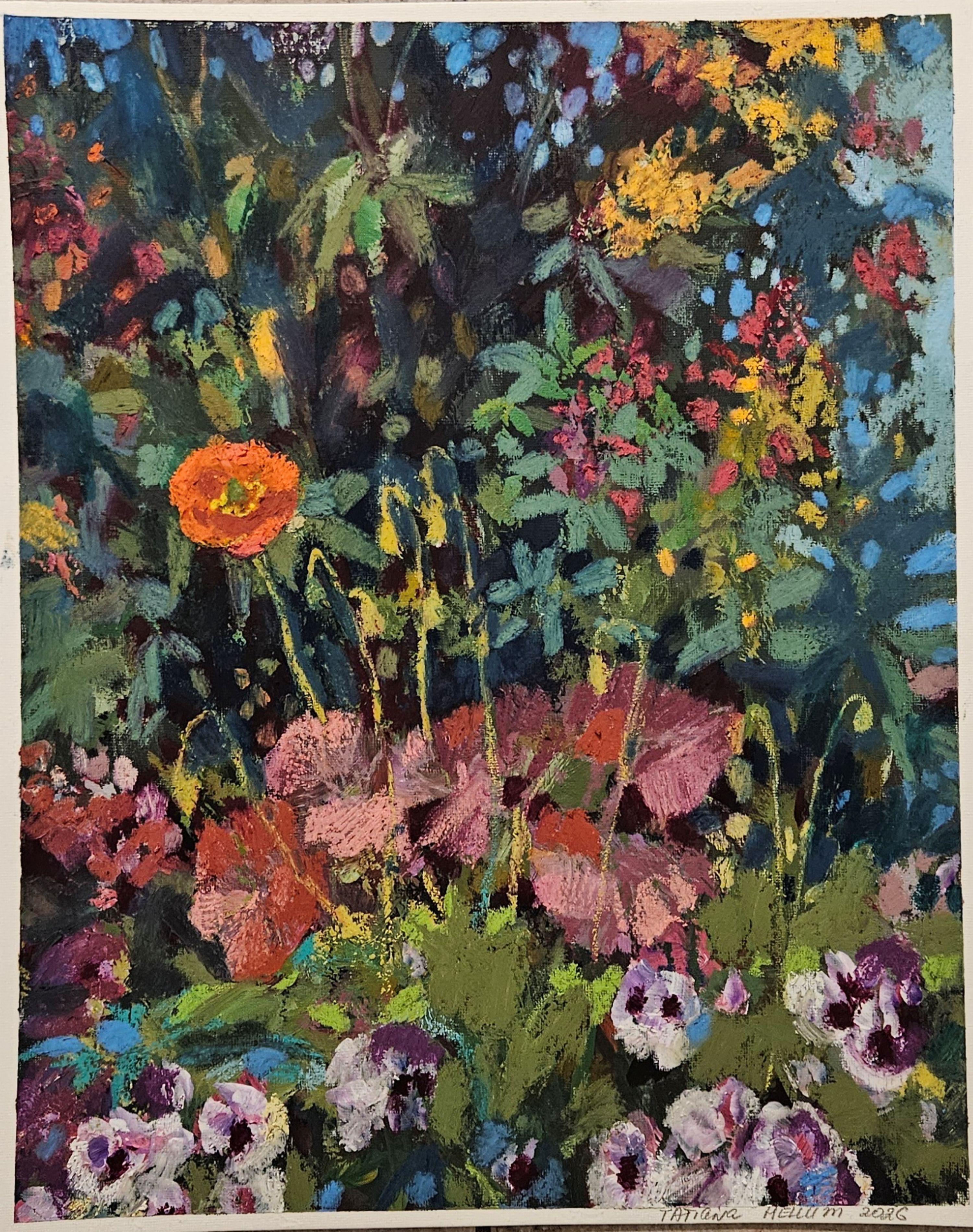 Tatiana Hellum Landscape Painting - Hidden Poppy. Floral, Mixed media, Miniature Painting