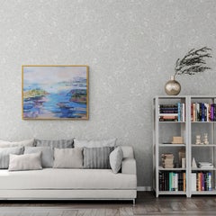 Lumière sur le fjord. Peinture abstraite de grand format représentant un paysage, bleu, rose pâle