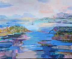 Lumière sur le fjord. Peinture abstraite de grand format représentant un paysage, bleu, rose pâle