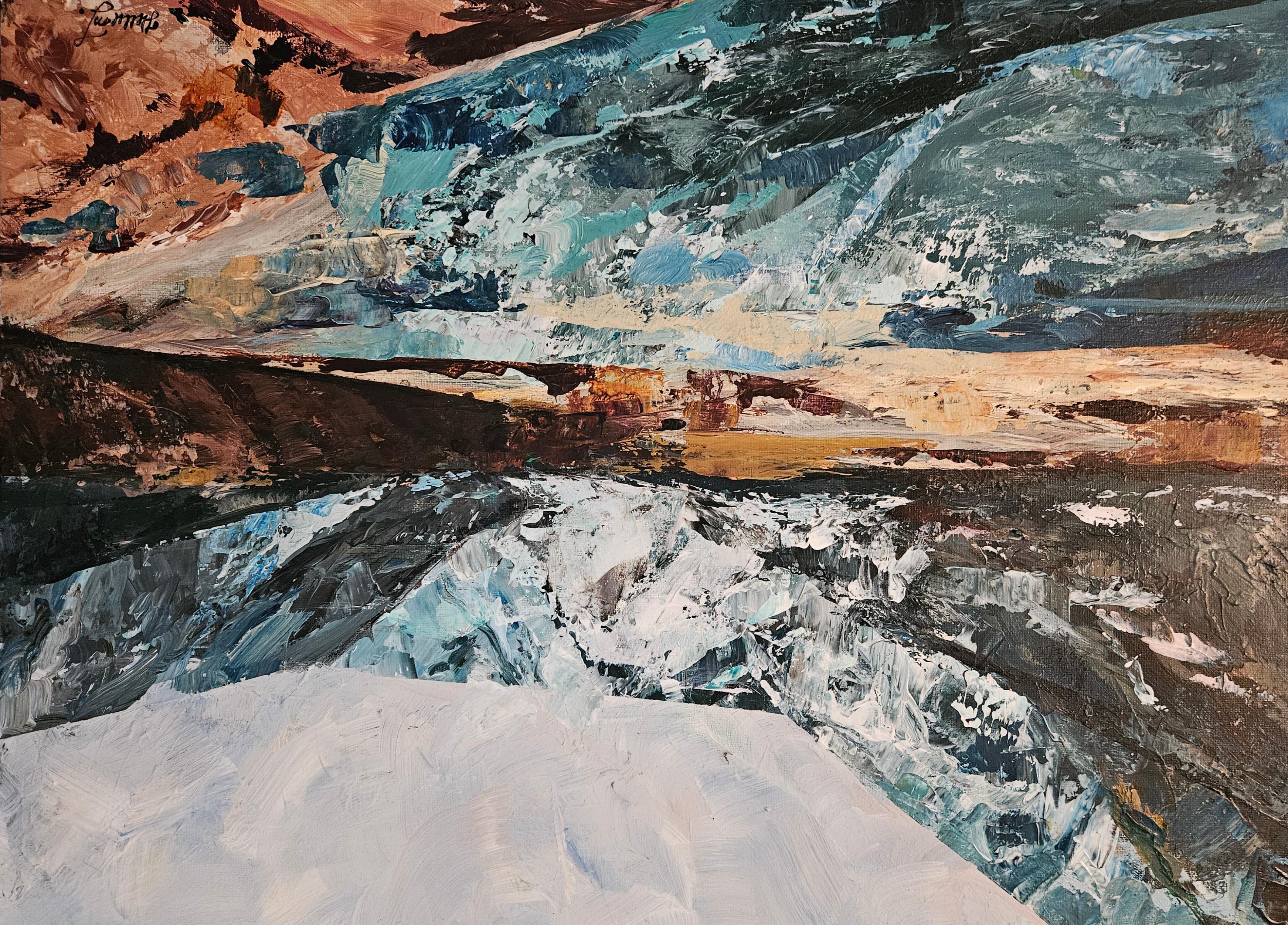 Inspiriert von der rauen Schönheit der arktischen Landschaften Svalbards, fängt dieses Gemälde die ruhige Kraft und die leuchtende Stille des Nordens ein. Ausdrucksstarke Pinselstriche mit dem Spachtel und geschichtete Acryltexturen vermitteln die