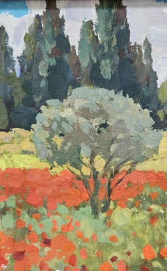 Olive Trees and Poppy Bloom, Occitanie Landscape Painting