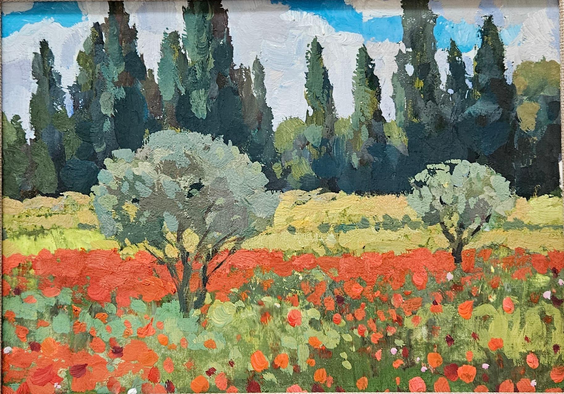 Oliviers et coquelicots en fleurs, peinture de paysage d'Occitanie