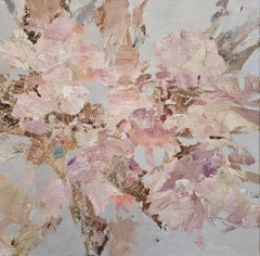 Pale Bloom. Medium size abstract painting, floral, soft colors, muted rose, grey