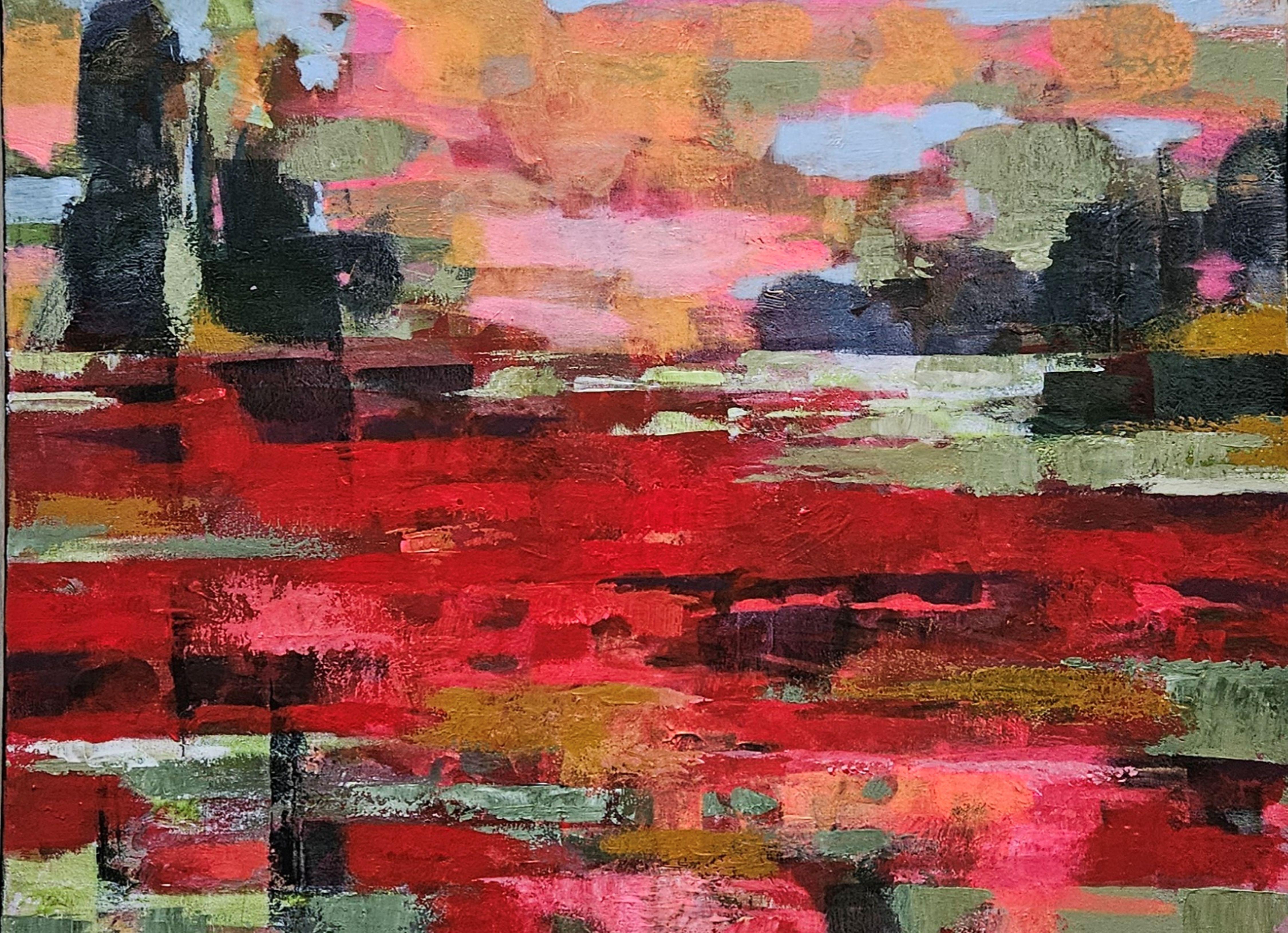 Tatiana Hellum Abstract Painting – Mohnblumen im Vorbeifahren. Großformatige, strukturierte abstrakte Landschaft