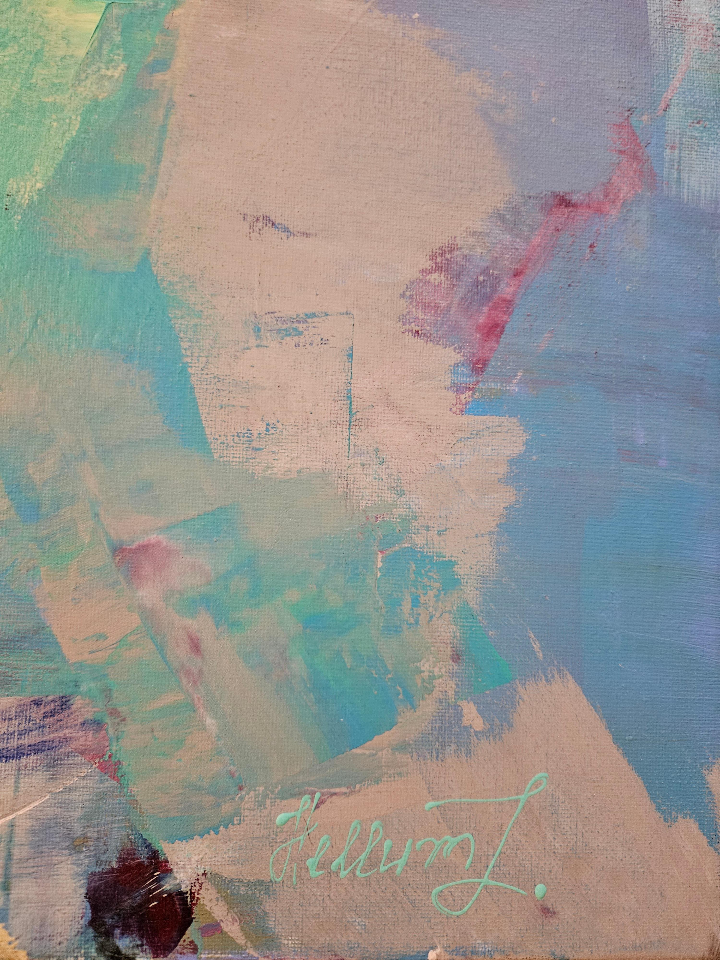 “Presence” - This abstract painting explores the fragile boundary between form and emotion, where color becomes both language and silence. Layers of turquoise, lavender, and muted gold unfold like shifting memories, creating a sense of light that