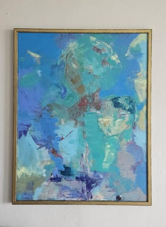Presence. Large vertical abstract painting, blue, turquoise, expressionism