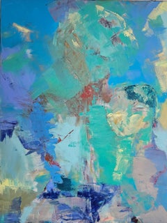 Presence. Large vertical abstract painting, blue, turquoise, expressionism