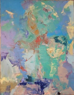 Presence. Large vertical abstract painting, blue, turquoise, expressionism