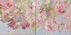 Spring Unfolding Diptych. Large size abstract painting, floral, texured, gestual