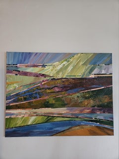 The Summer Within. Large abstract landscape painting, blue, green, rose