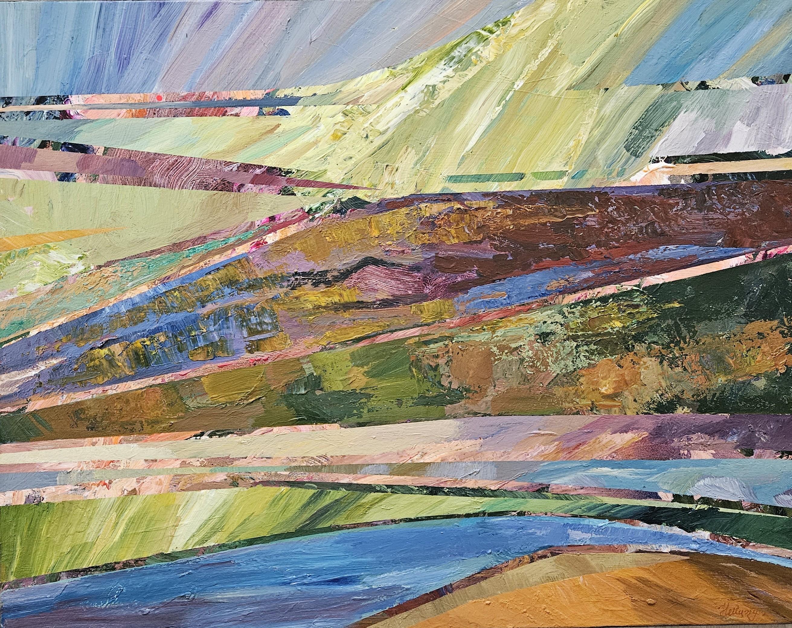 The Summer Within. Large abstract landscape painting, blue, green, rose