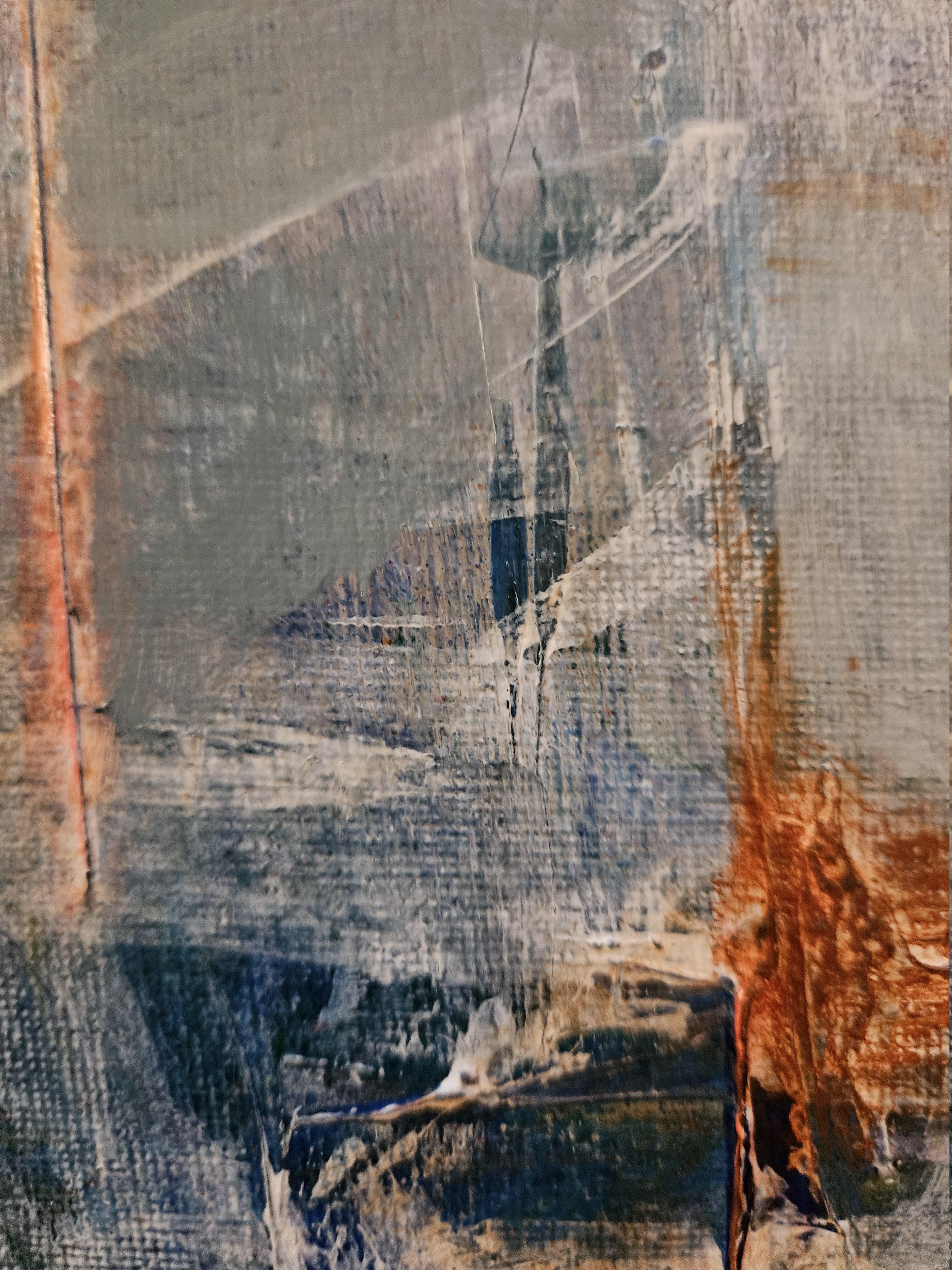 Following the afterglow — amber notes against misty blues — the surface begins to hum, holding a calm tension between warmth and air. Layered veils and soft, gestural passages keep the memory of movement without noise or haste. What remains are