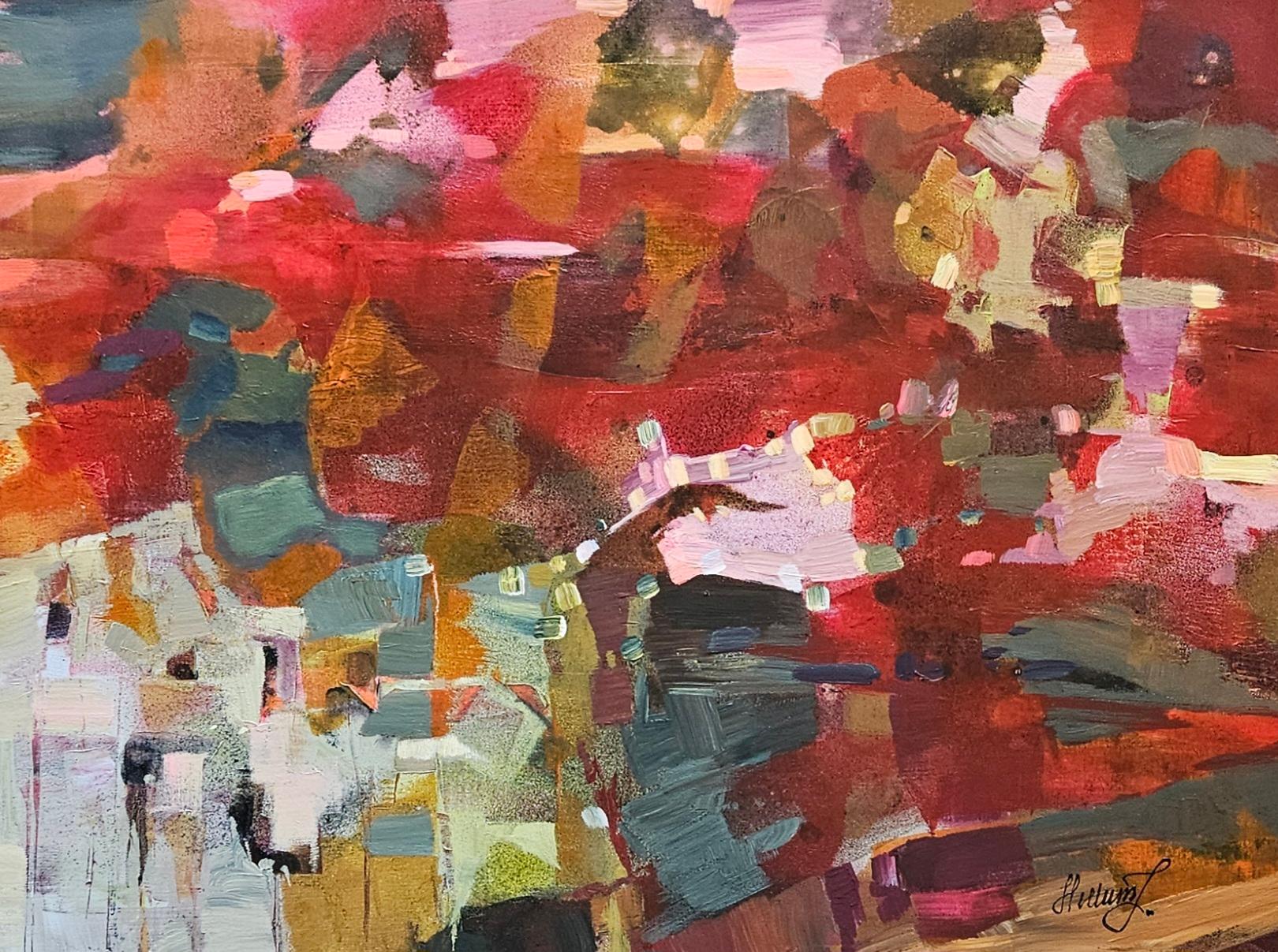 Tatiana Hellum Abstract Painting – Lebendige Eindrücke. Abstrakte expressionistische Malerei in einem silbernen Rahmen