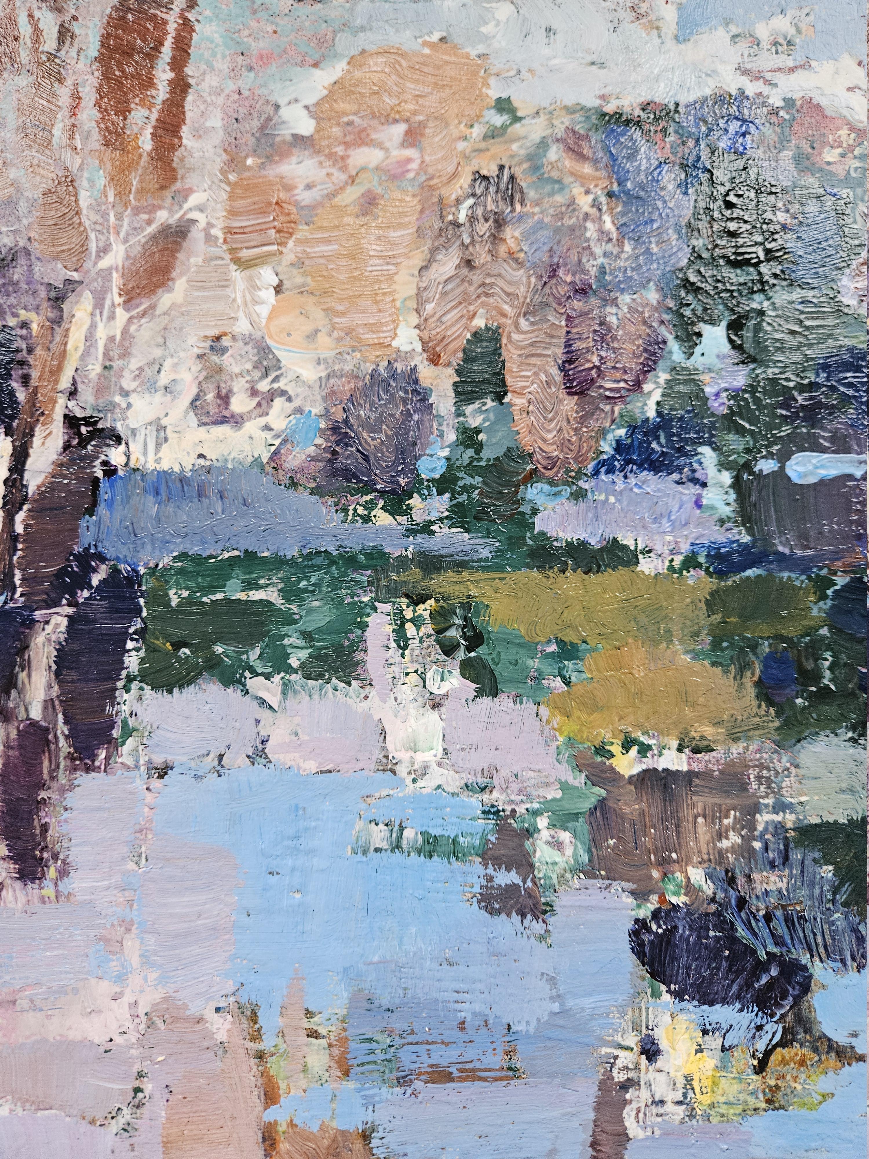 This abstract landscape captures the quiet moment when the season shifts and the sky seems to exhale a soft autumnal light. Layers of dense, textured impasto blend muted ochre, dusty blue, soft lavender grey, smoky teal and warm clay tones, creating