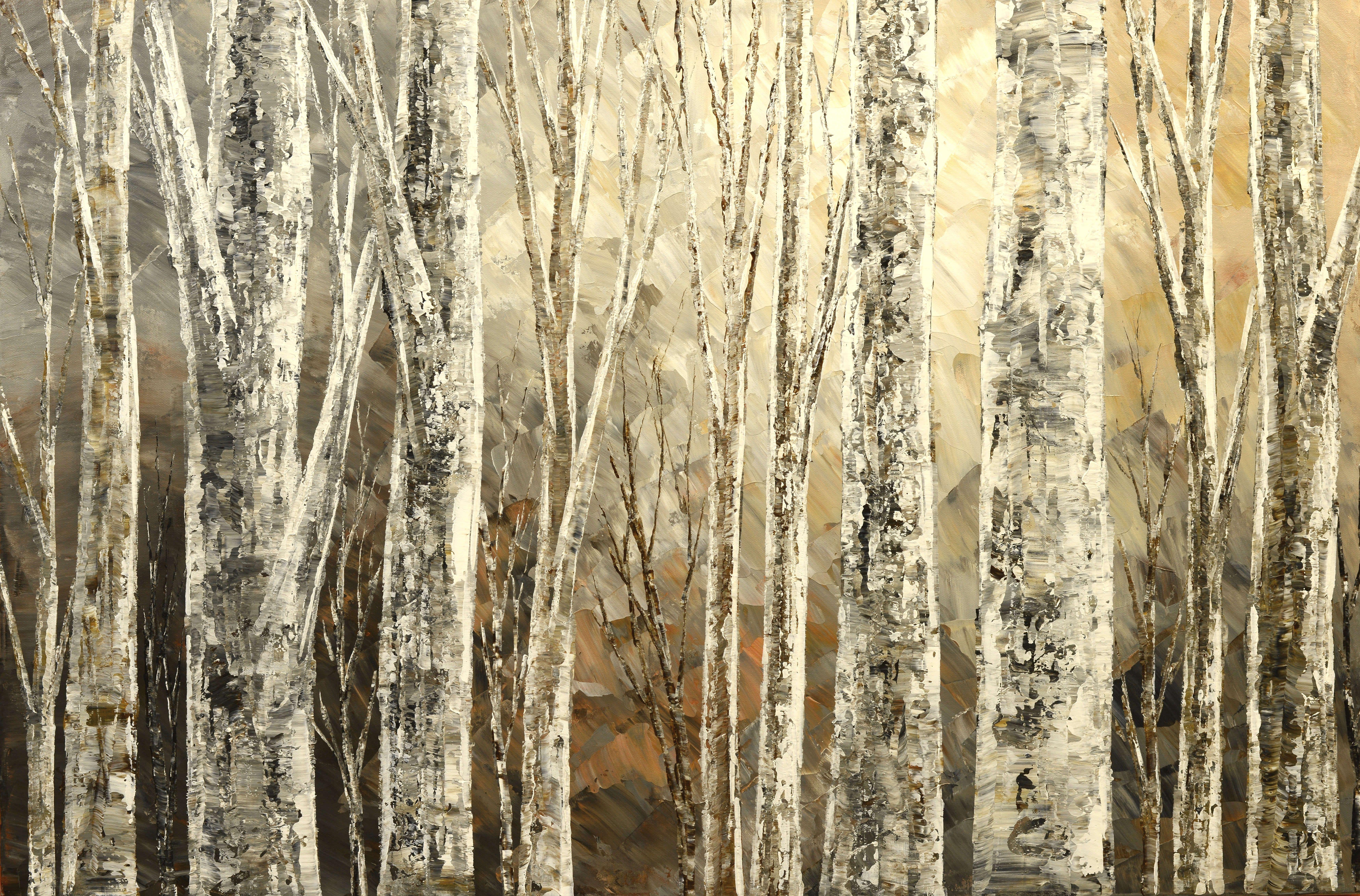 This is an original palette knife forest painting.   Size: 24" x 36" x 1" Sides of the canvas are painted grey.   You will receive it "ready to hang", with a wire attached on the back.   Protective coat of satin varnish applied.   The painting is