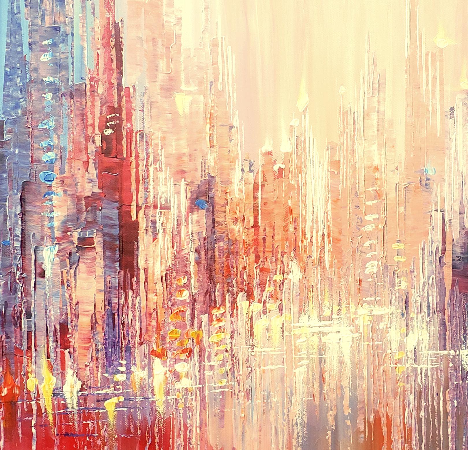 <p>Artist Comments<br>Artist Tatiana Iliina envisions a dazzling cityscape in lively vertical lines. She displays the structures in energetic strokes that convey the buzzing city. The tall buildings tower above the lustrous skyline in beams of red,