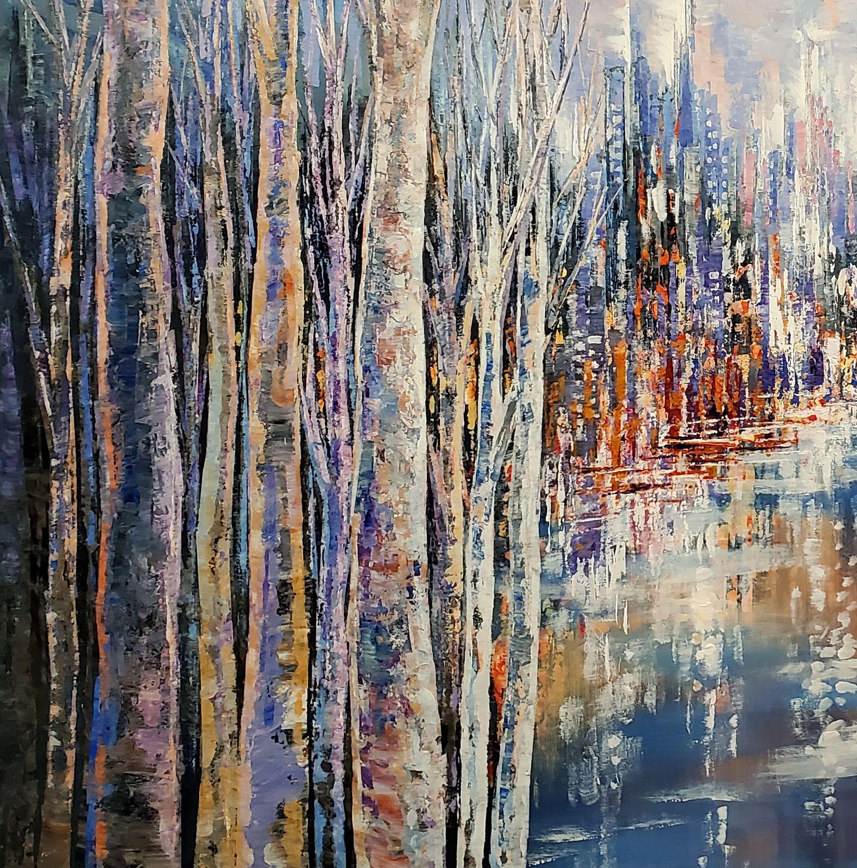 Questo è un dipinto originale di un paesaggio urbano.  A causa delle grandi dimensioni di questa tela, verrà spedita arrotolata in un tubo.  Dimensioni: 49
