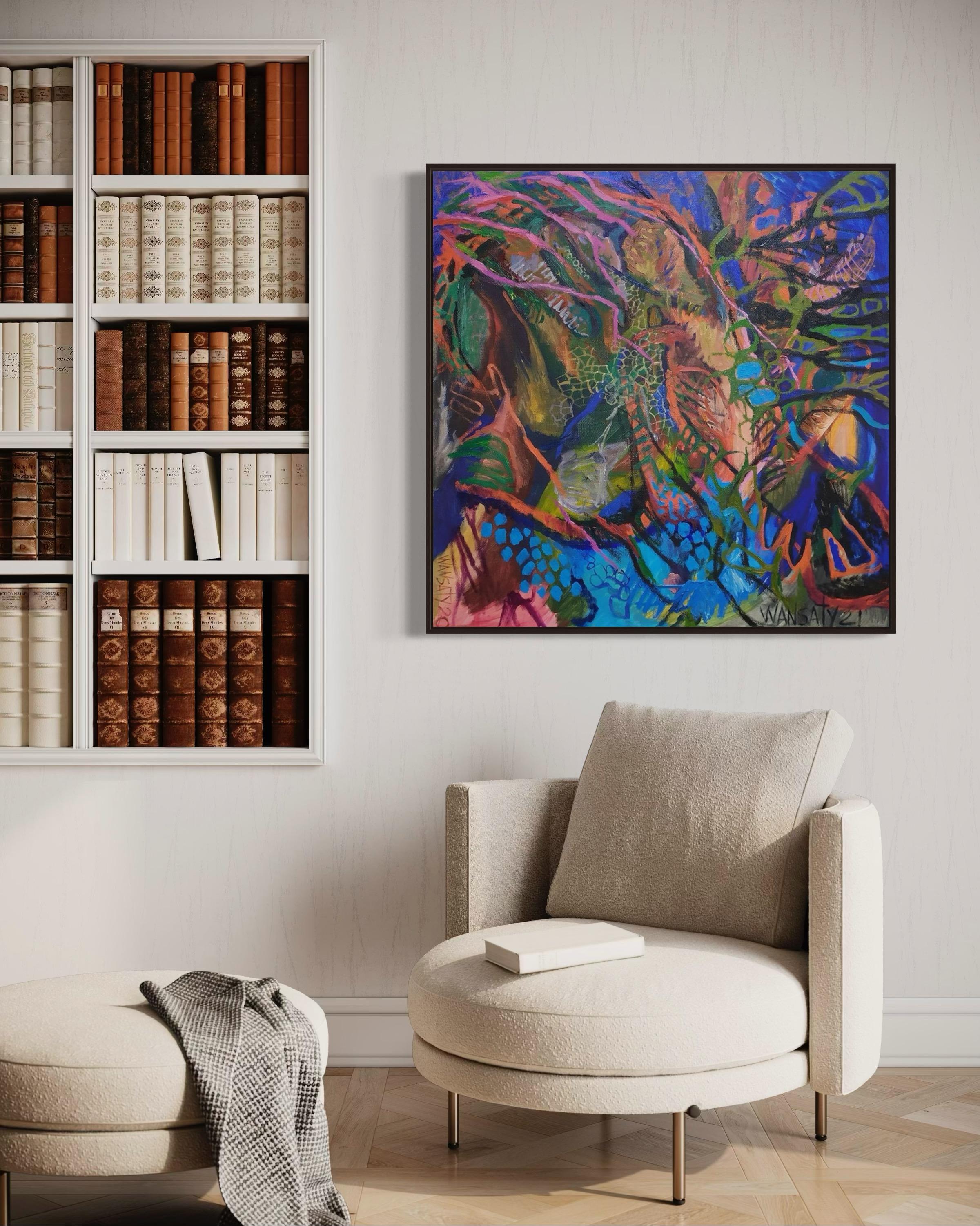 Tanz, 100x100cm, Acryl, Öl, Leinwand (Grau), Abstract Painting, von Tatiana Levchenko