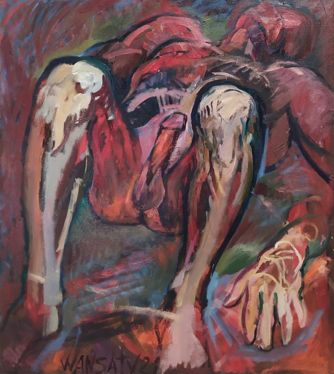 Nude Painting di Tatiana Levchenko - Il dolce sogno del fauno, 90x80cm, olio su tela