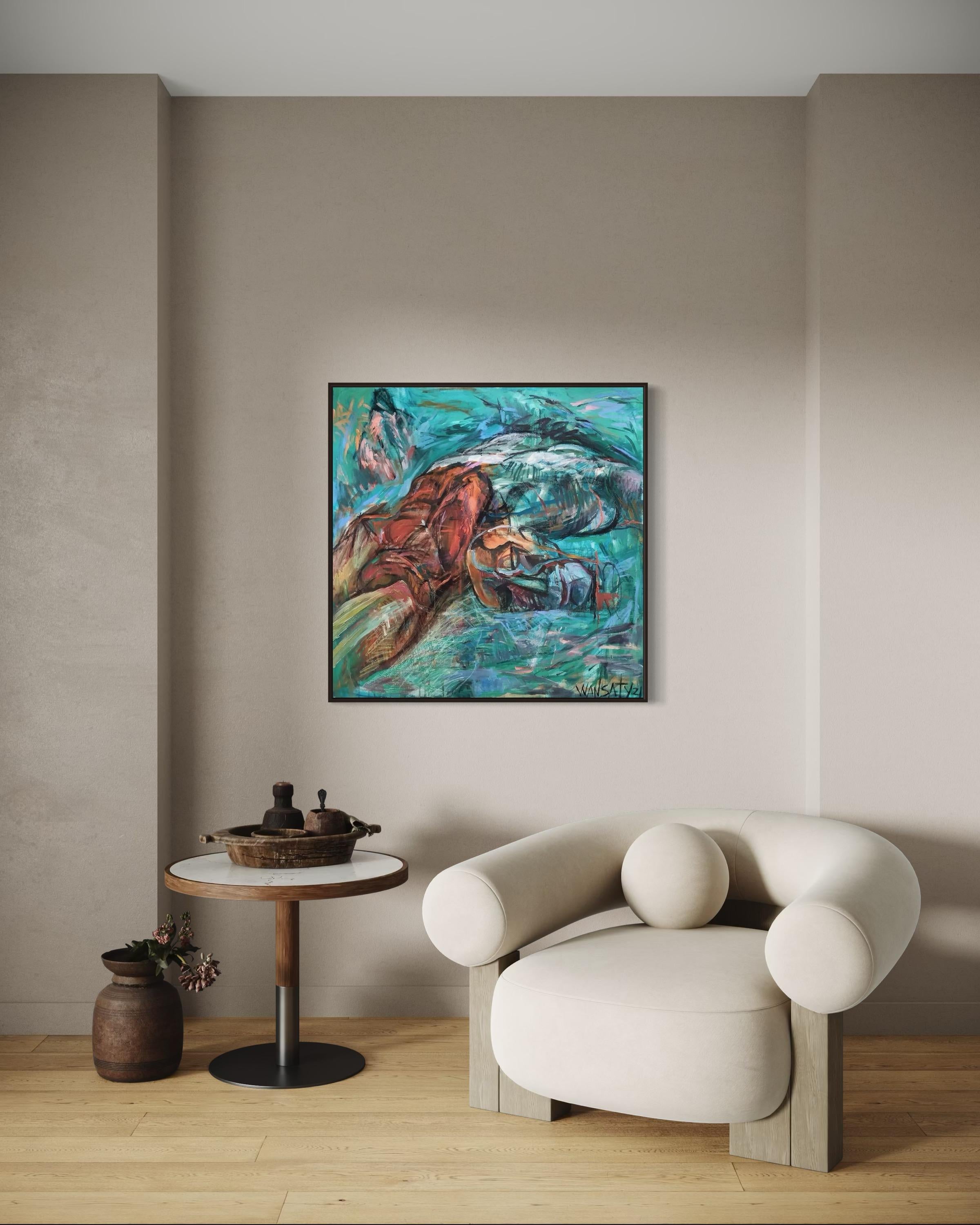 Ioan, 100x100cm, acrilico, olio, tela - Abstract Painting Blu di Tatiana Levchenko
