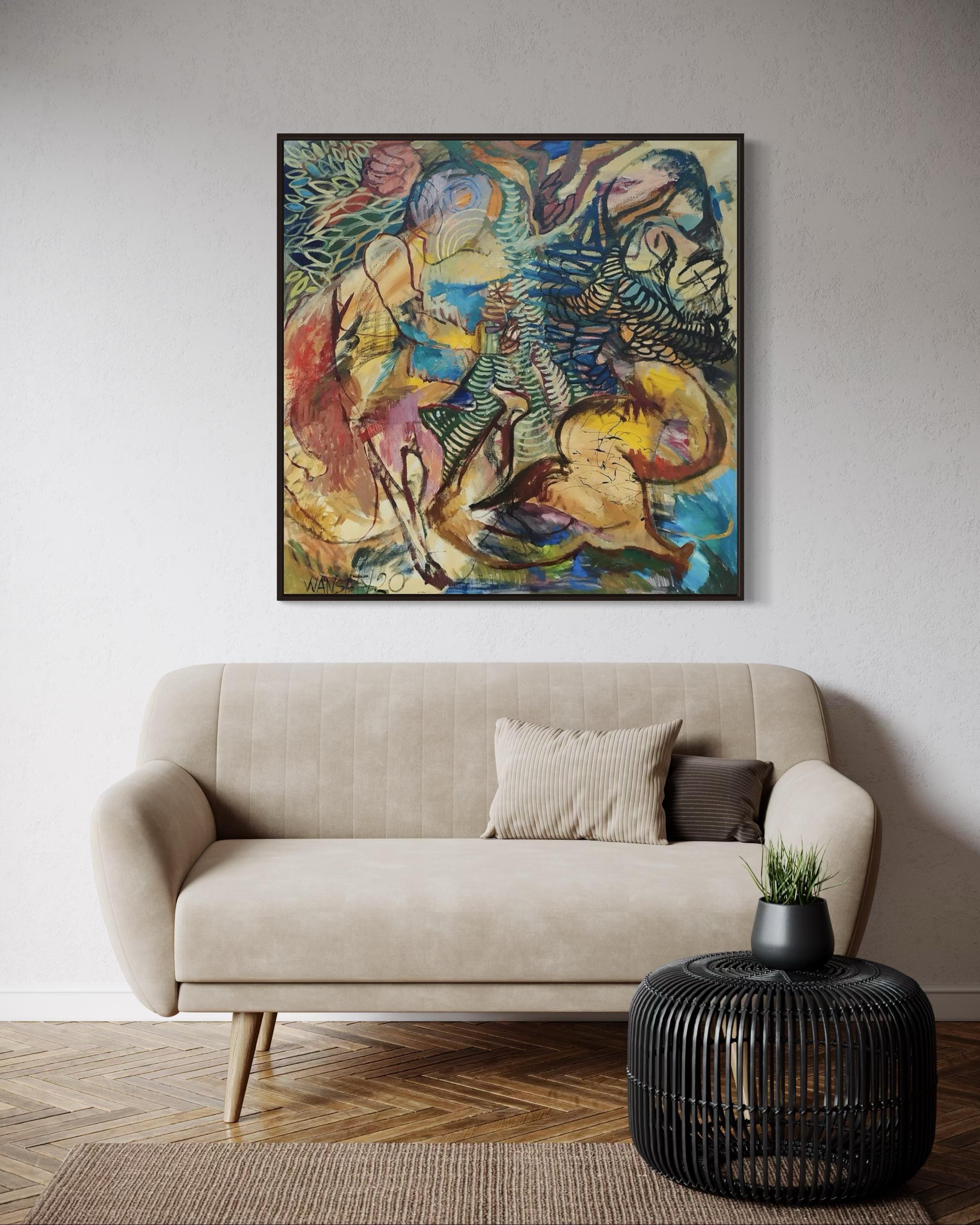 Scène pastorale sous le chêne, 100x100cm, acrylique, huile, toile - Painting de Tatiana Levchenko