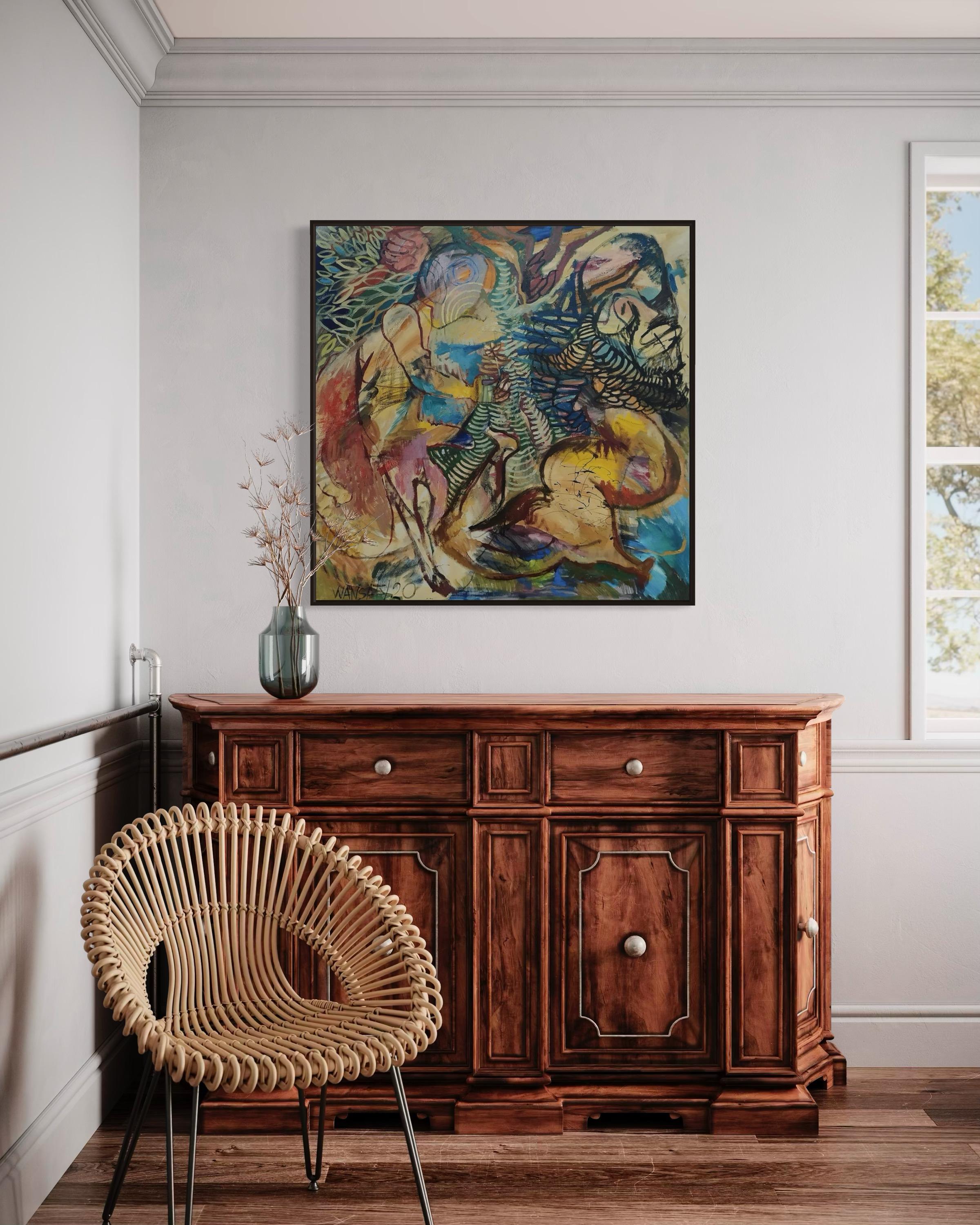 Scène pastorale sous le chêne, 100x100cm, acrylique, huile, toile - Marron Abstract Painting par Tatiana Levchenko