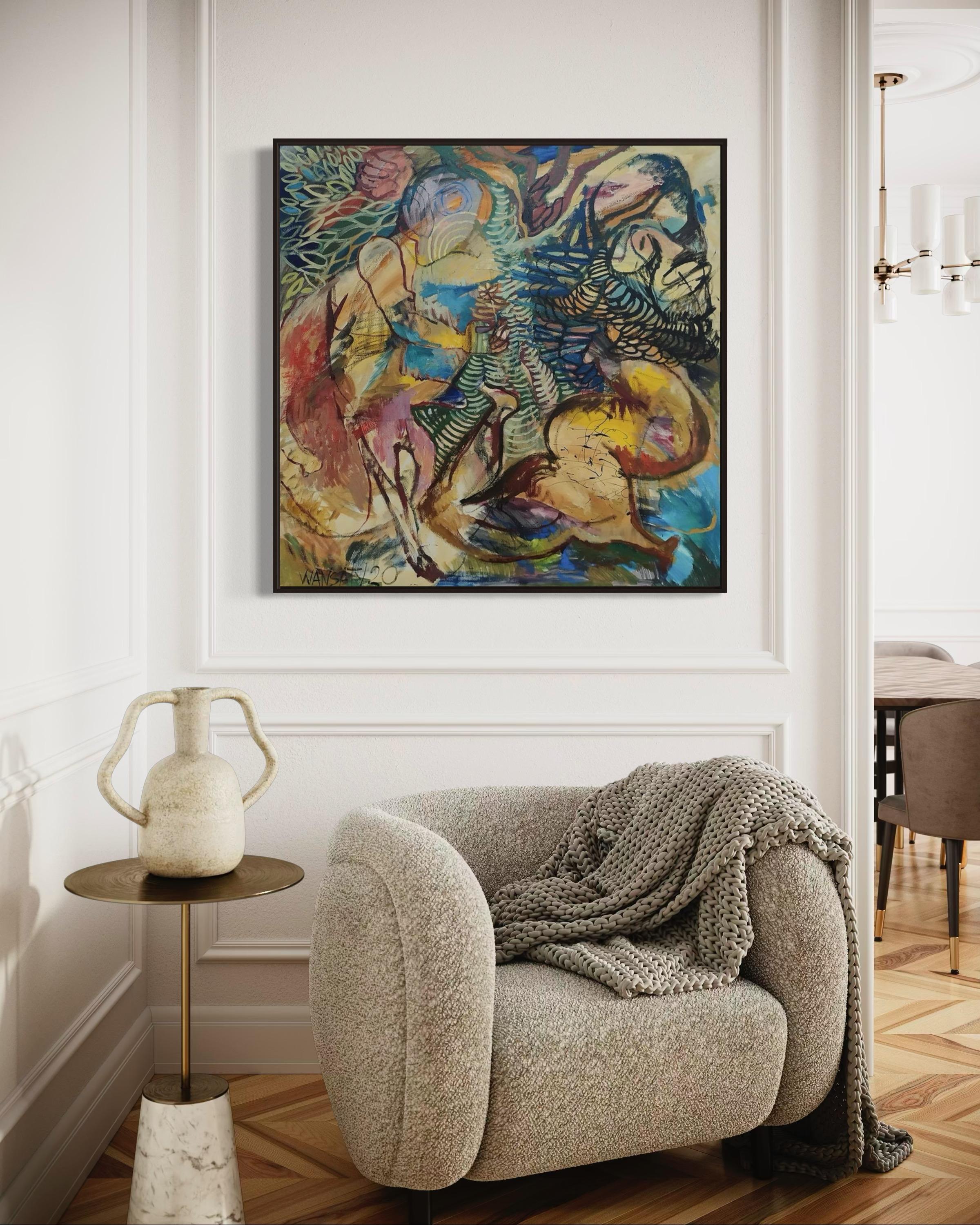 Scène pastorale sous le chêne, 100x100cm, acrylique, huile, toile en vente 1