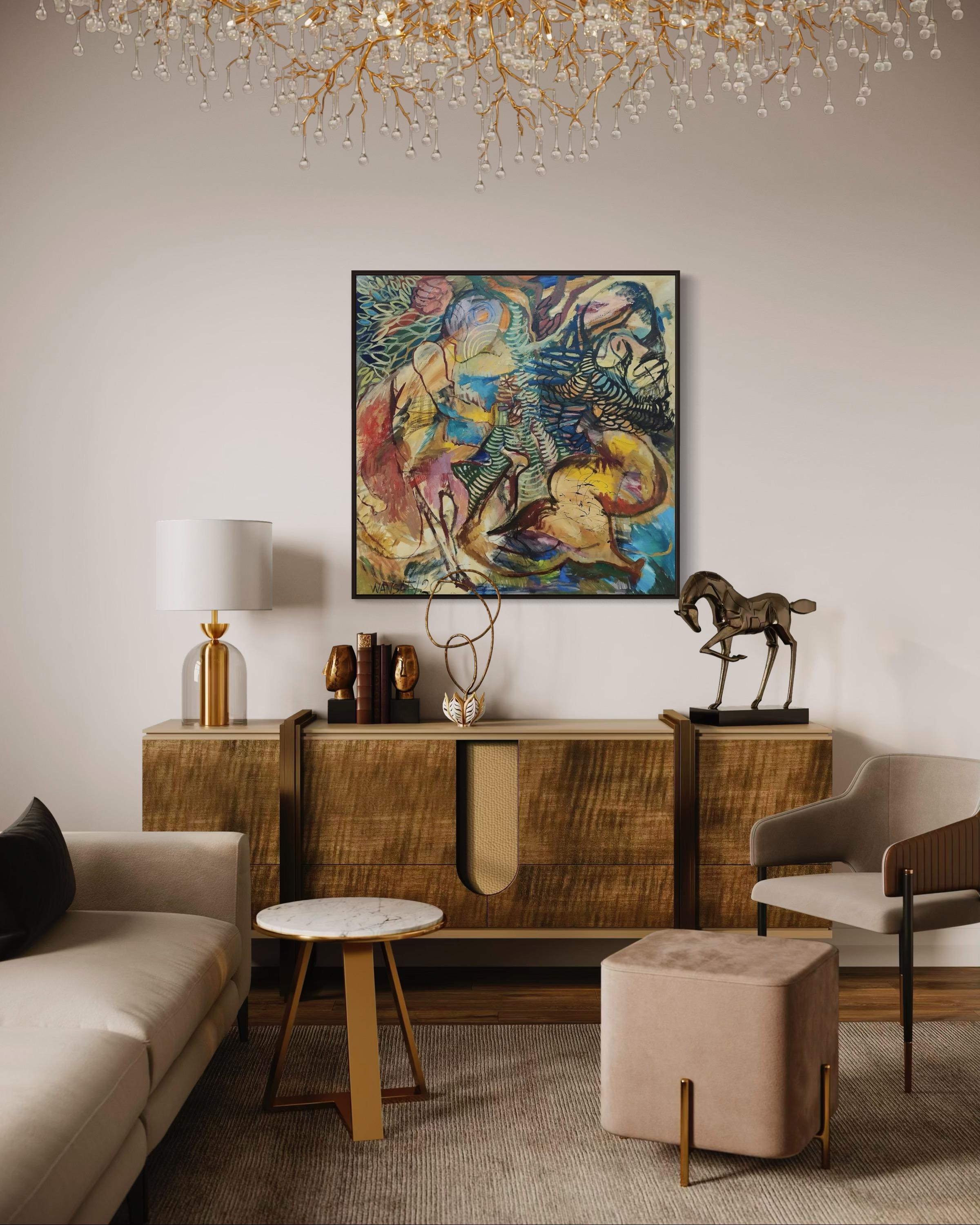 Scène pastorale sous le chêne, 100x100cm, acrylique, huile, toile en vente 2