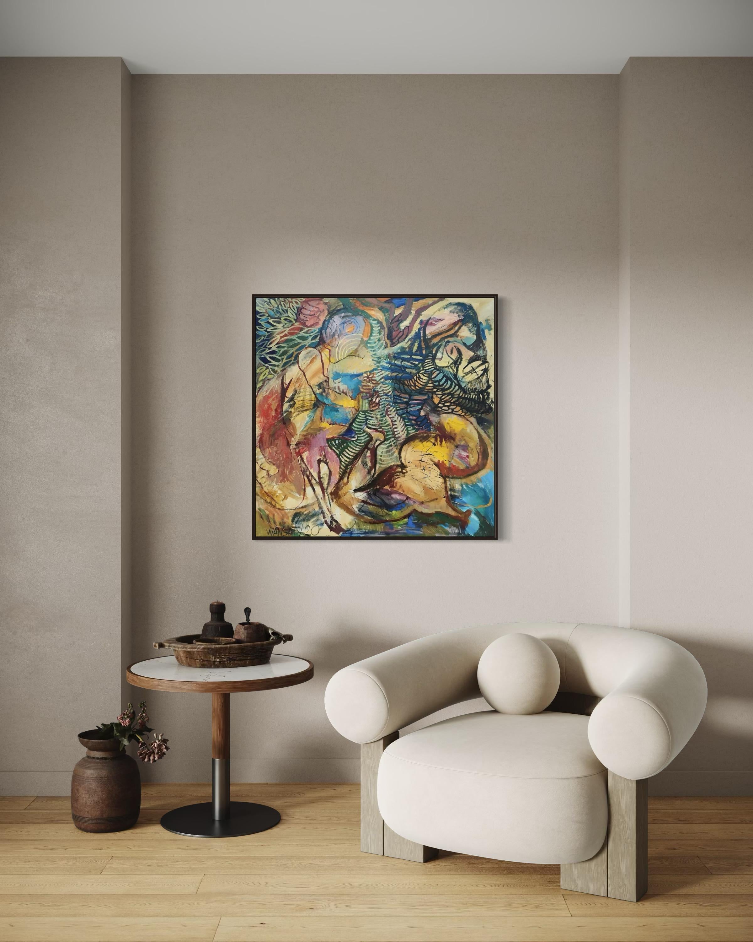 Scène pastorale sous le chêne, 100x100cm, acrylique, huile, toile en vente 3