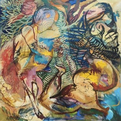 Scène pastorale sous le chêne, 100x100cm, acrylique, huile, toile