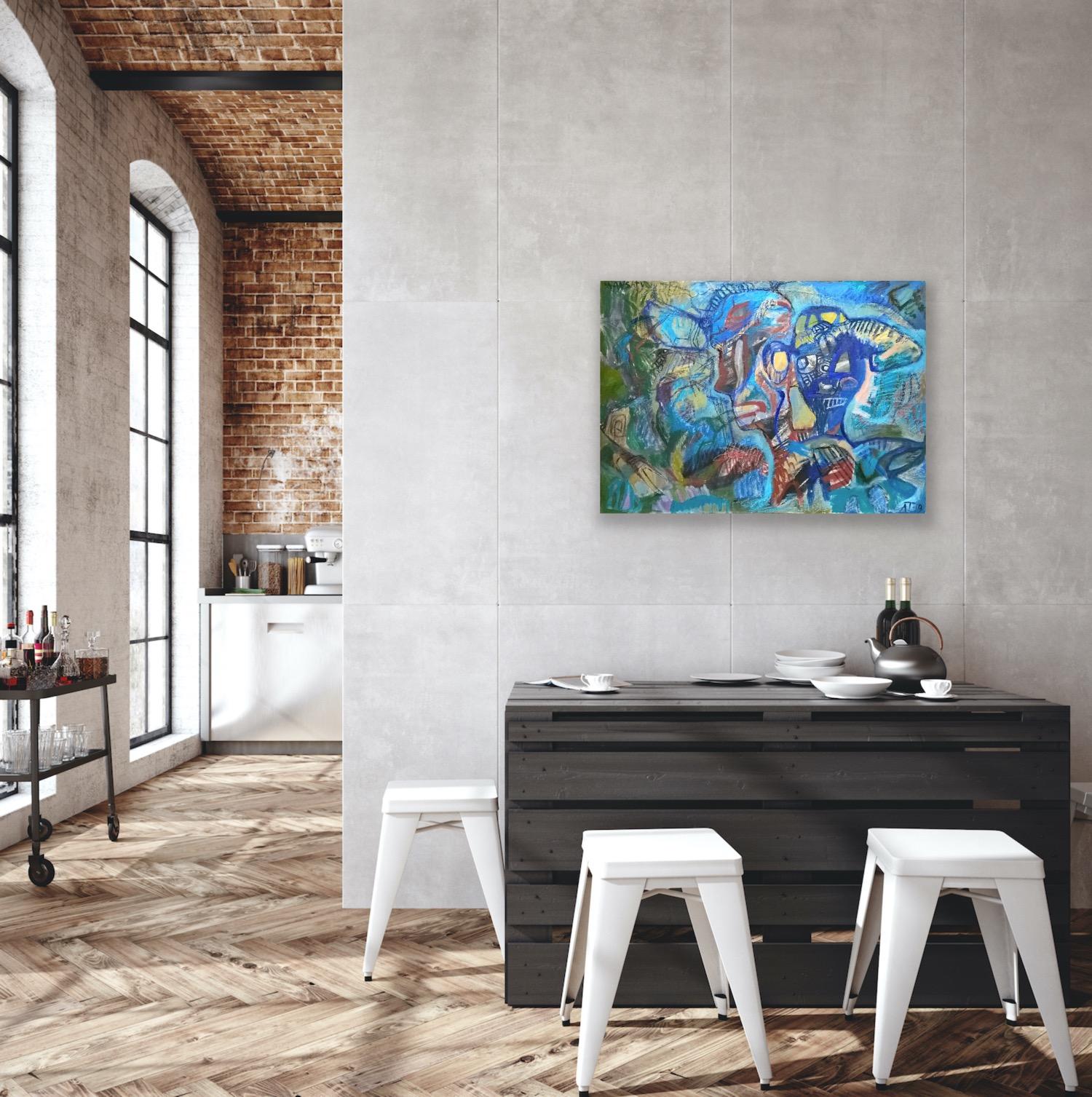 Deux têtes, 70 x 100 cm, acrylique sur toile en vente 1