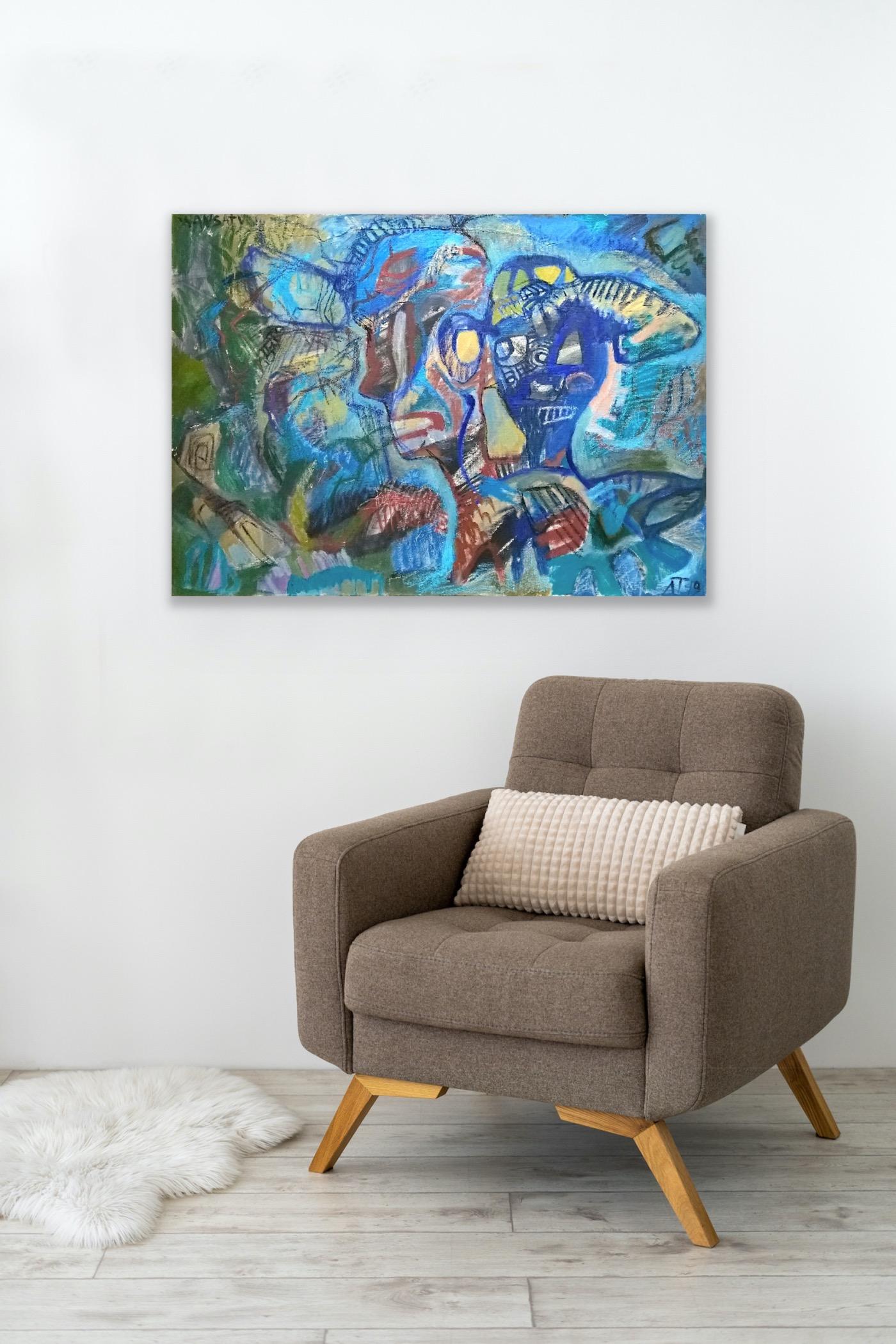 Deux têtes, 70 x 100 cm, acrylique sur toile en vente 2