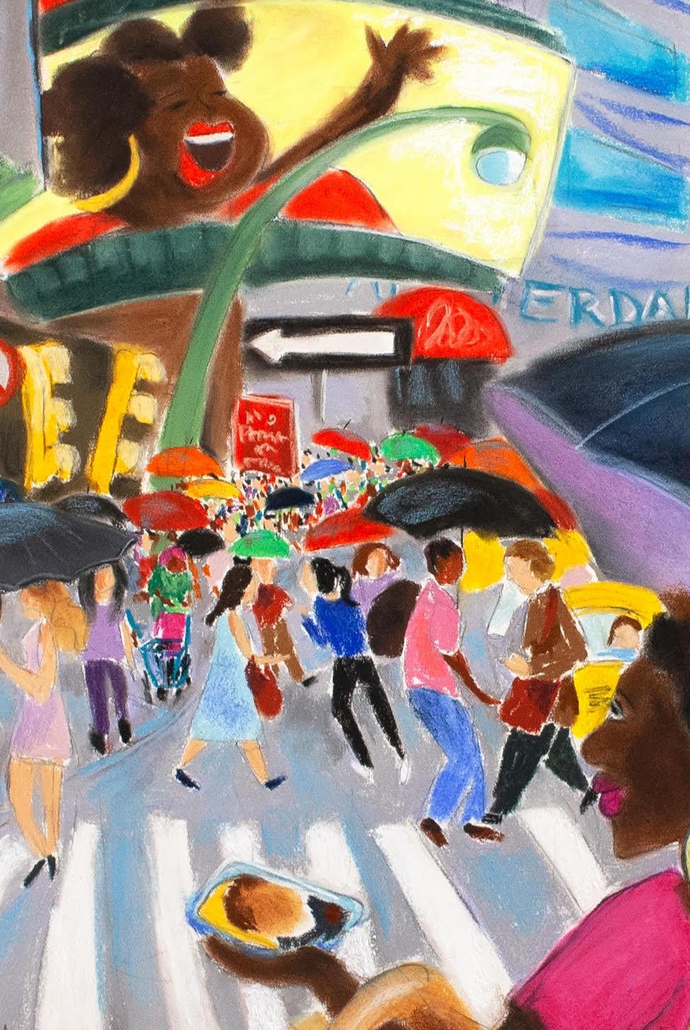 UMBRELLAS ON 42ND STREET - Brown Figurative Painting by Tatjana Krizmanic