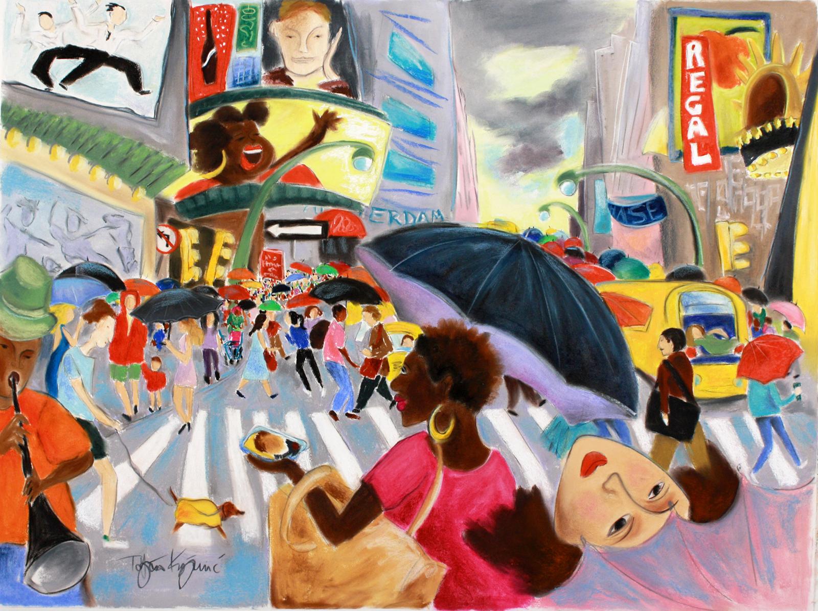 Tatjana Krizmanic Figurative Painting - UMBRELLAS ON 42ND STREET