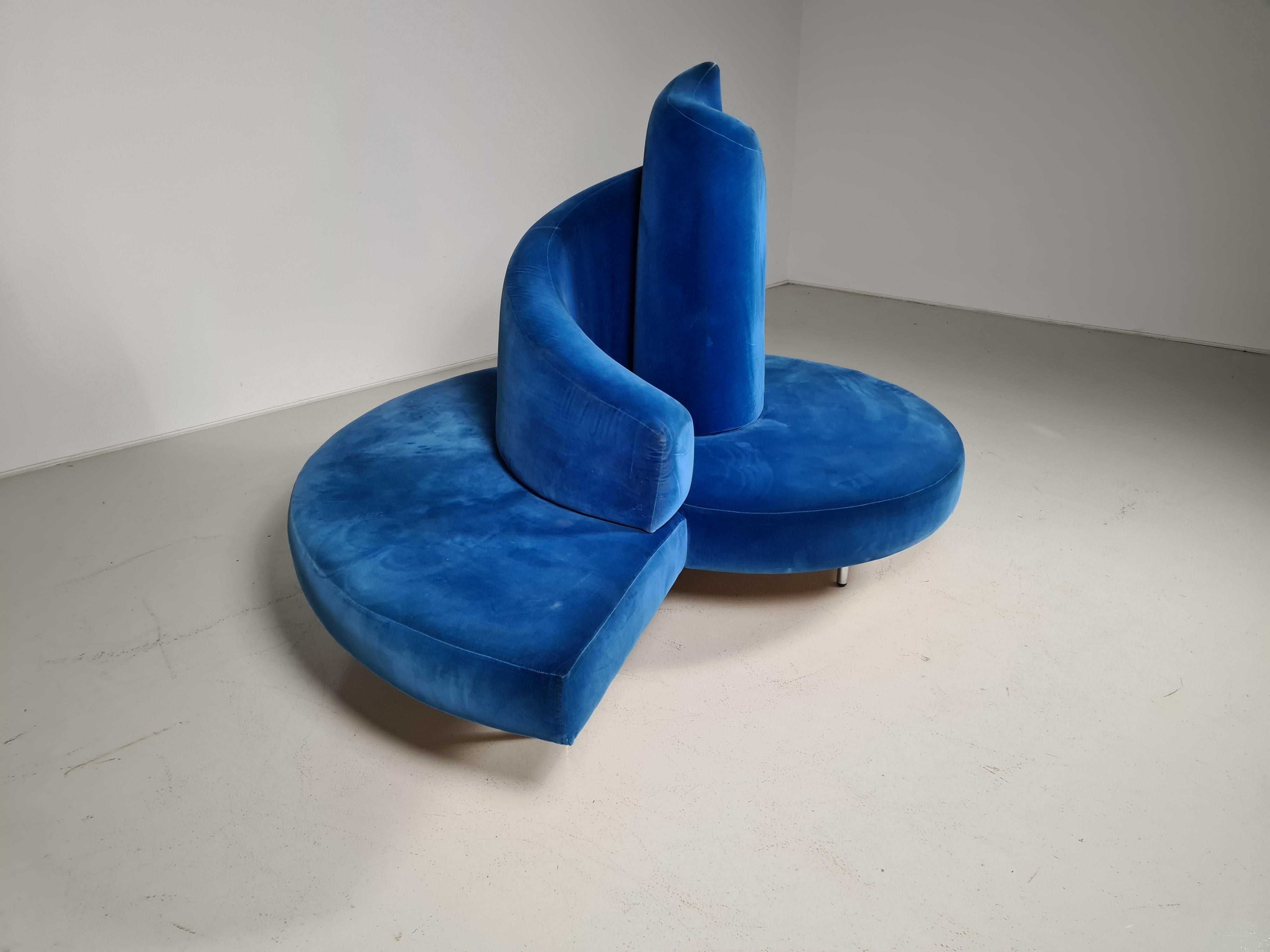 The Tatlin sofa was designed by Mario Cananzi and Roberto Semprini for Edra in the 1980s. Inspired by the famous Tatlin tower, a symbol of constructivism created by Vladimir Tatlin. In its original blue velvet.