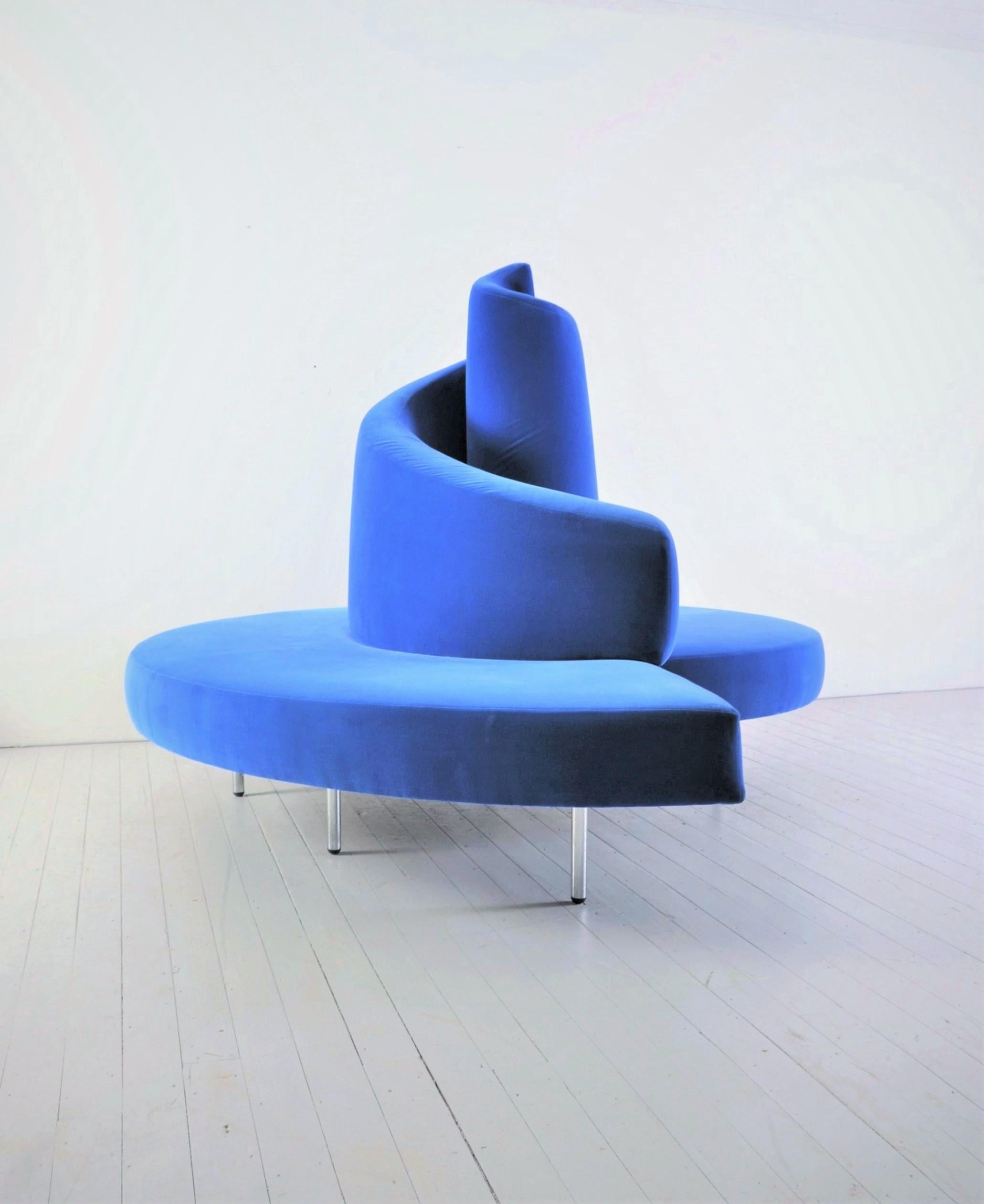 The Tatlin sofa was designed by Mario Cananzi and Roberto Semprini for Edra in the 1980s. Inspired by the famous Tatlin tower, a symbol of constructivism created by Vladimir Tatlin. In its original blue velvet.