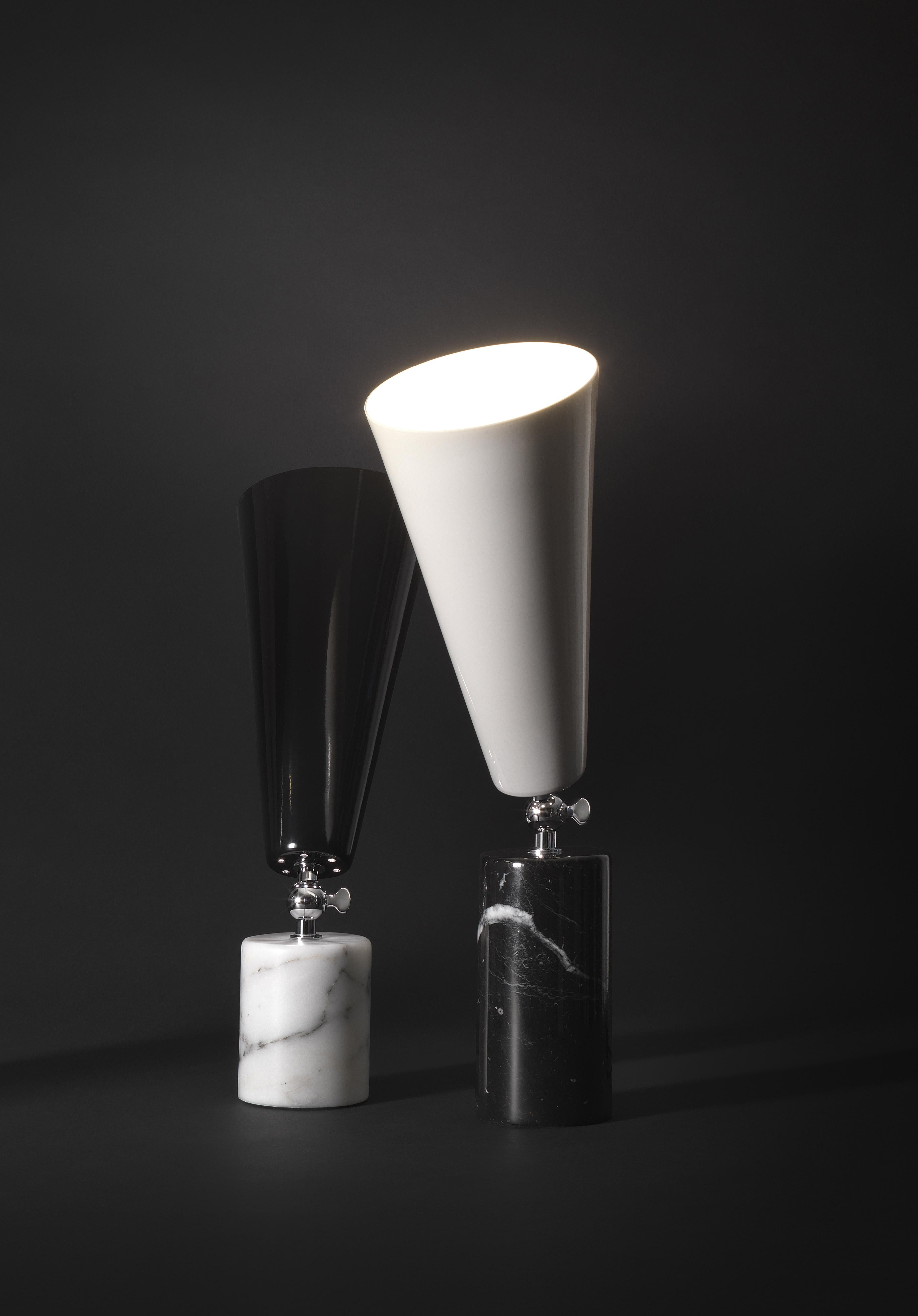 Mid-Century Modern Tato Italia 'Vox' Table Lamp in White Carrara Marble, Chrome, and Glossy Black For Sale
