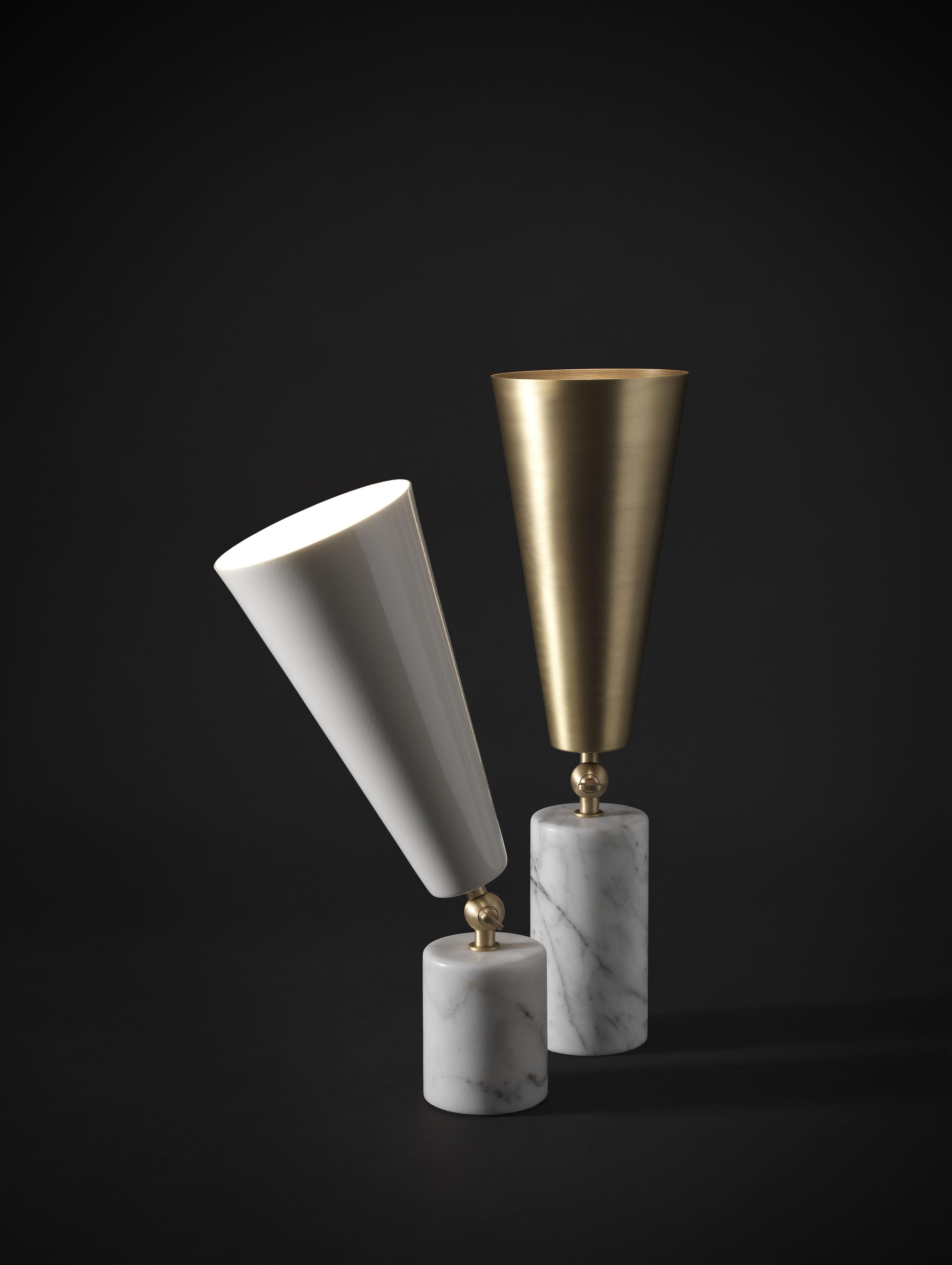 Tato Italia 'Vox' Table Lamp in White Carrara Marble, Satin Brass, and White.

Originally designed by Lorenza Bozzoli in 1969. 

Price is per item. Available to order in unlimited quantities. Available in 15.7
