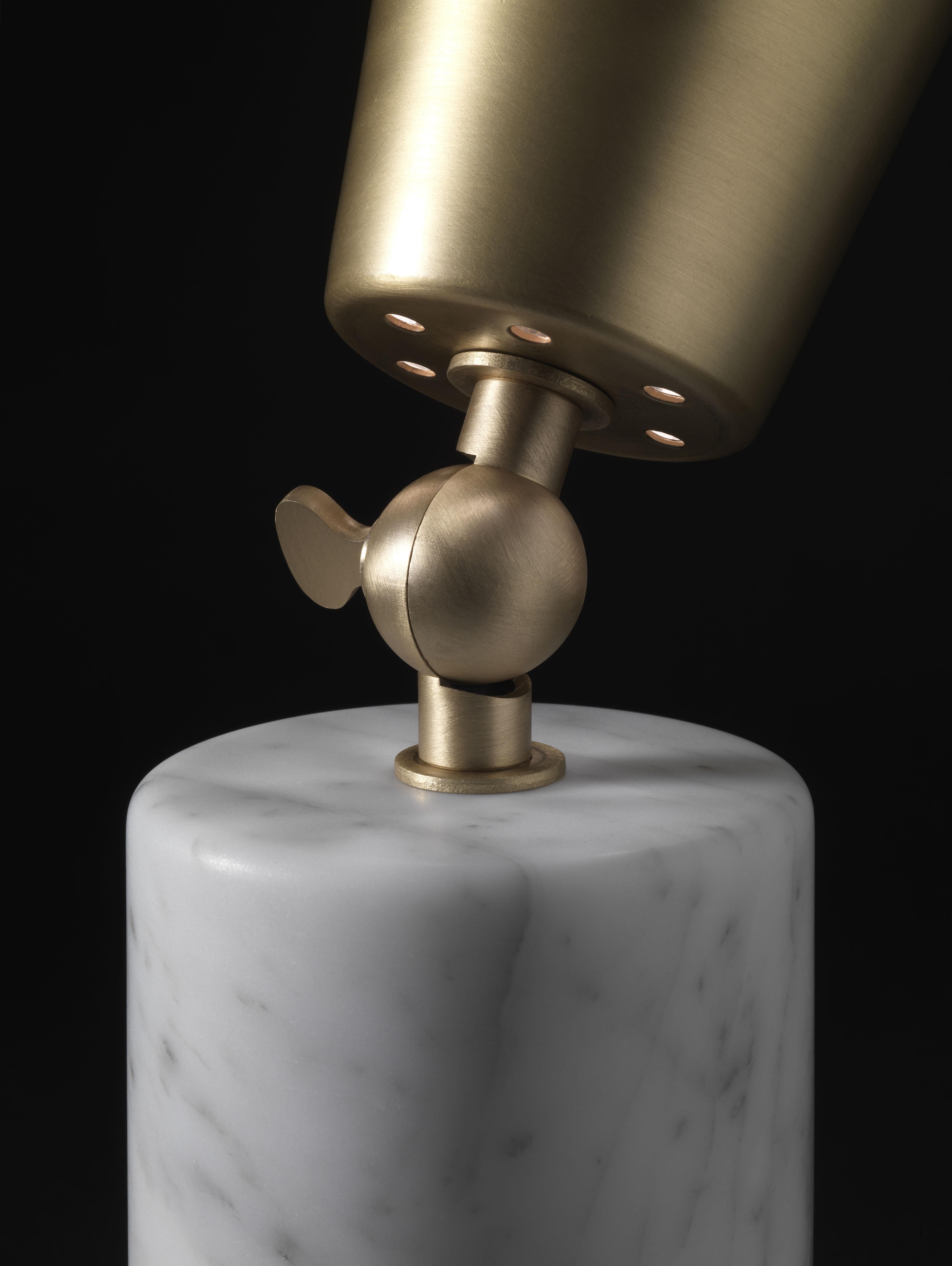 Mid-Century Modern Tato Italia 'Vox' Table Lamp in White Carrara Marble, Satin Brass, and White For Sale