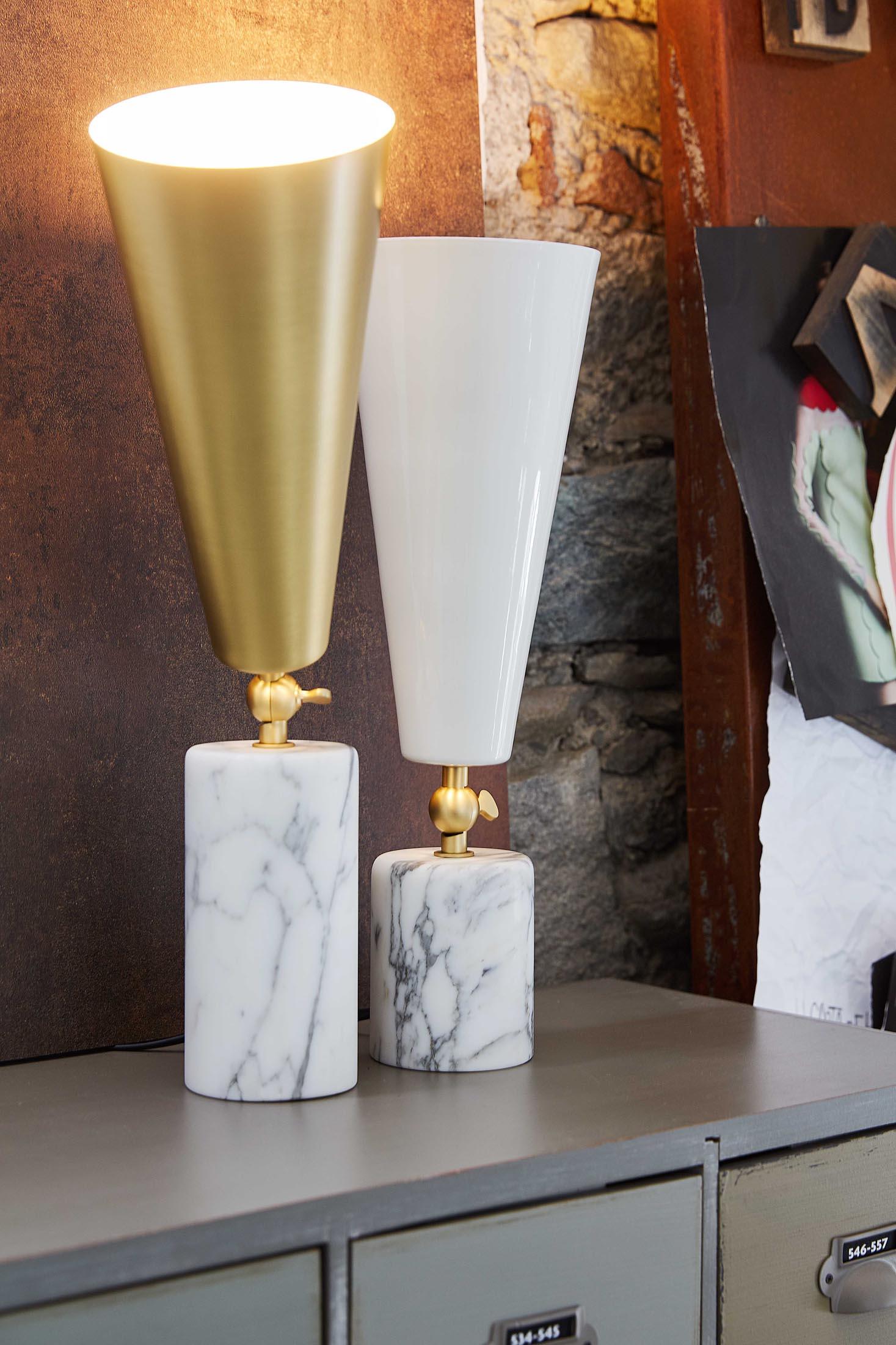 Italian Tato Italia 'Vox' Table Lamp in White Carrara Marble, Satin Brass, and White For Sale
